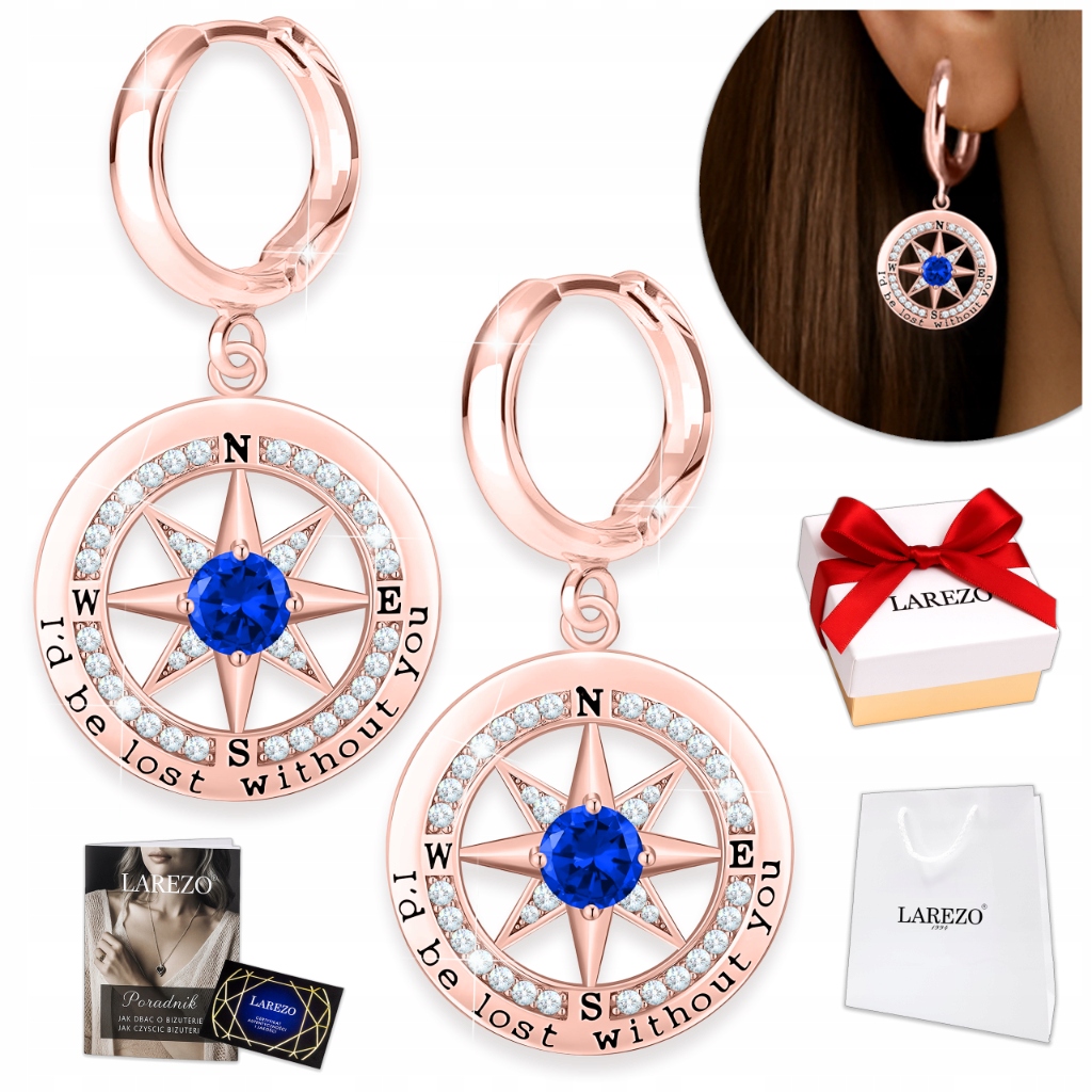 Pozlacené Náušnice s kompasem, modré Zirkony kroužky, krystaly, Stříbro 925