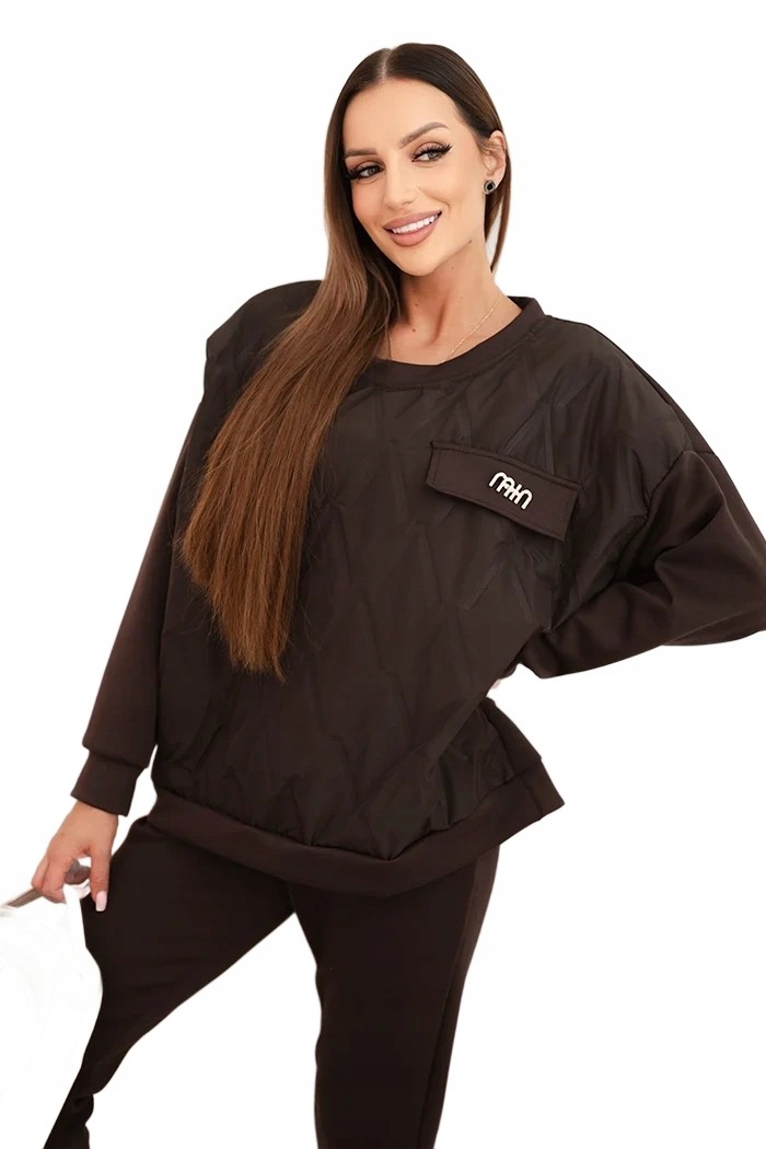 Hnědý dámský dvoudílný viskózový komplet s prošívanou mikinou