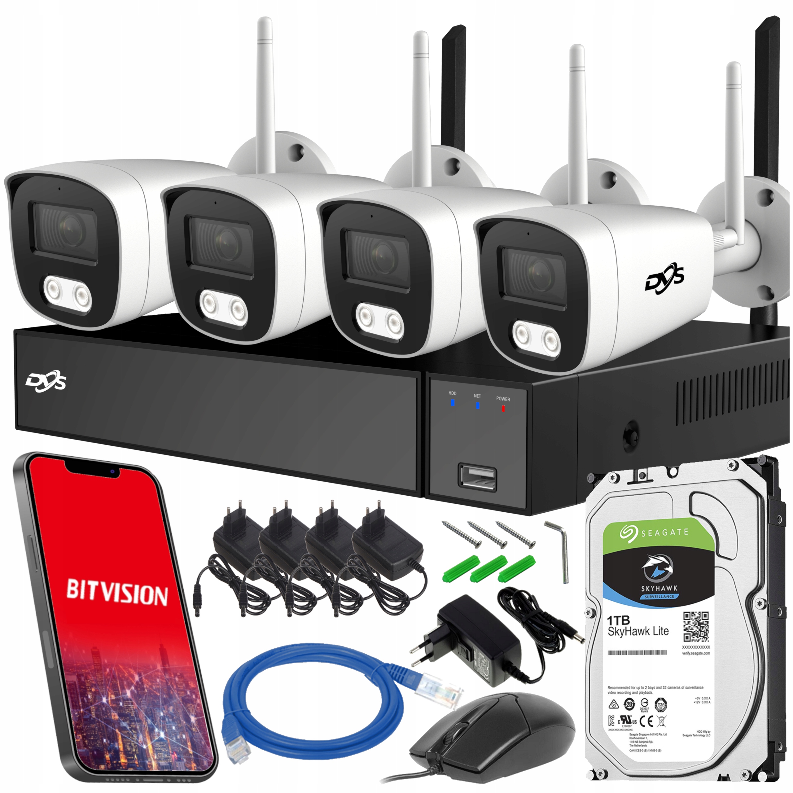 ZESTAW DO MONITORINGU WIFI 4 KAMERY BEZPRZEWODOWE ZEWNĘTRZNE 5Mpx DYSK DVS