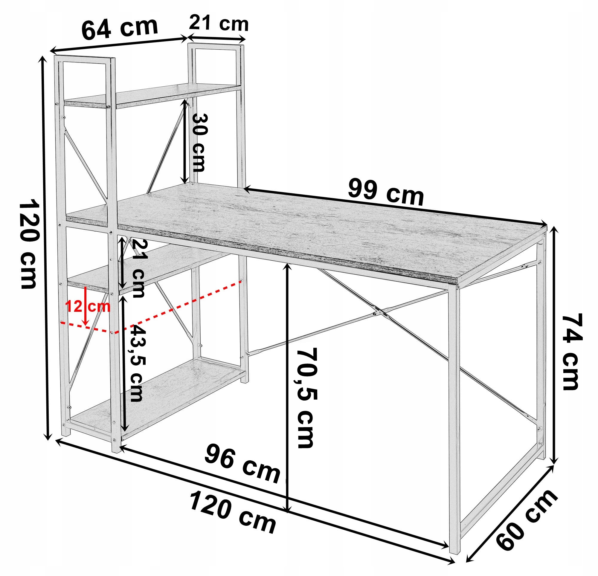 BIURKO METALOWE LOFTOWE INDUSTRIALNE Z PÓŁKAMI REGAŁEM CZARNE STOLIK 120 cm Marka LoftInspired