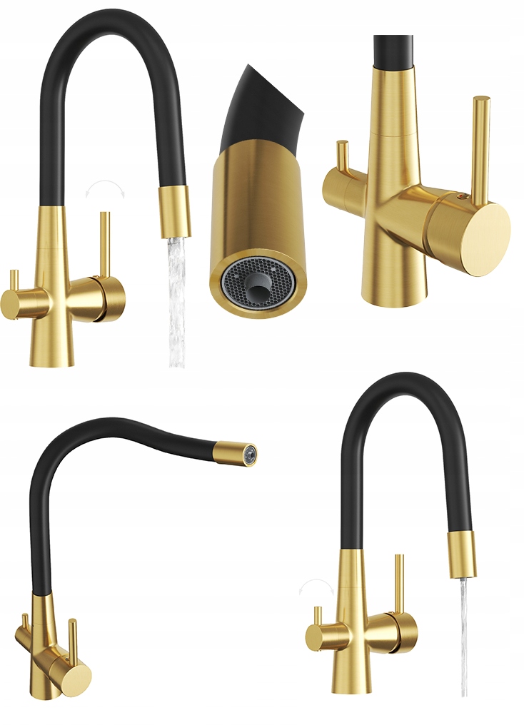 Kuchyňská baterie Fluo s trojcestným flexibilním kohoutkem pro vodní filtr, zlatá