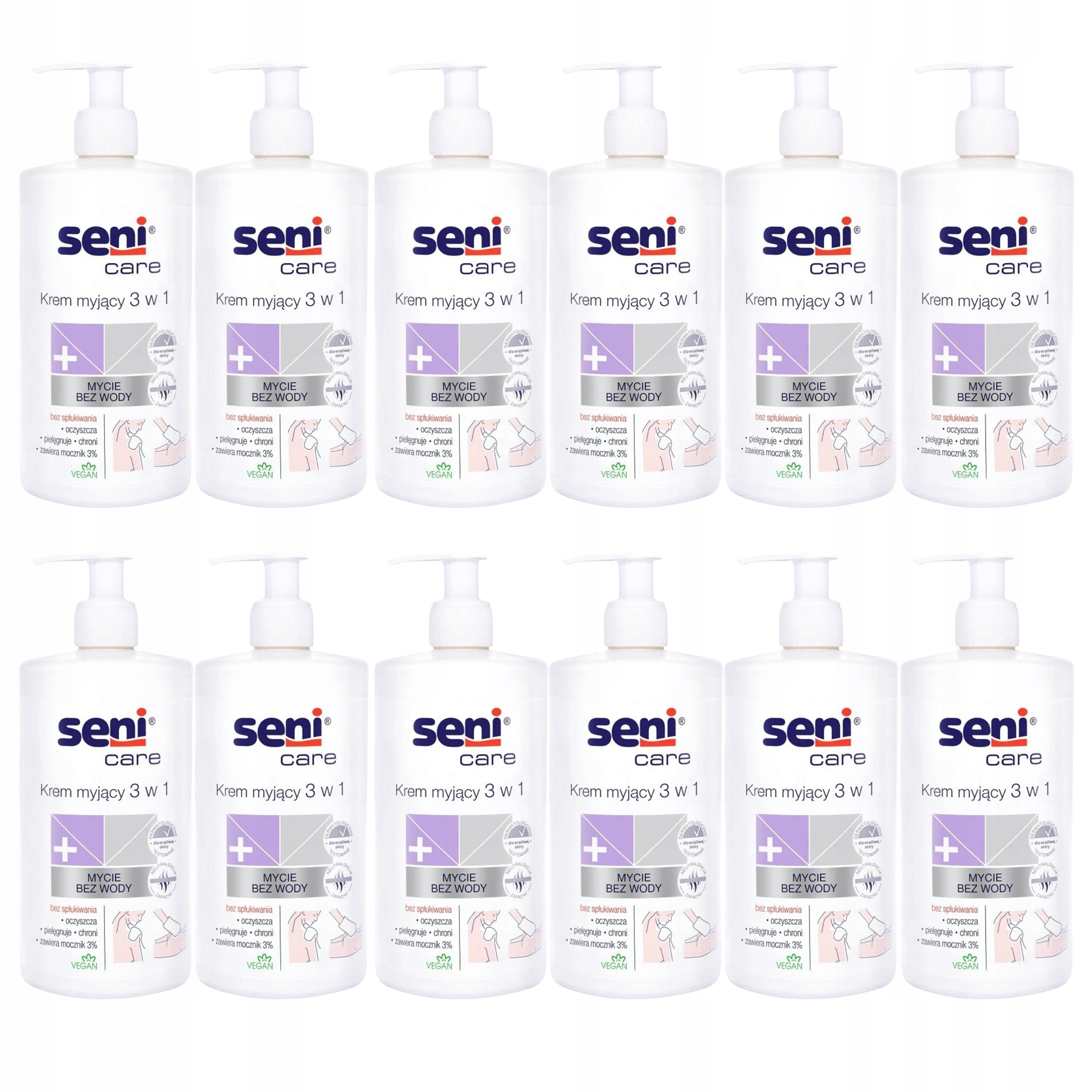 Zestaw 12X Seni Care Krem Myjący 3W1 Bez Wody 500 ML Do Skóry Wrażliwej