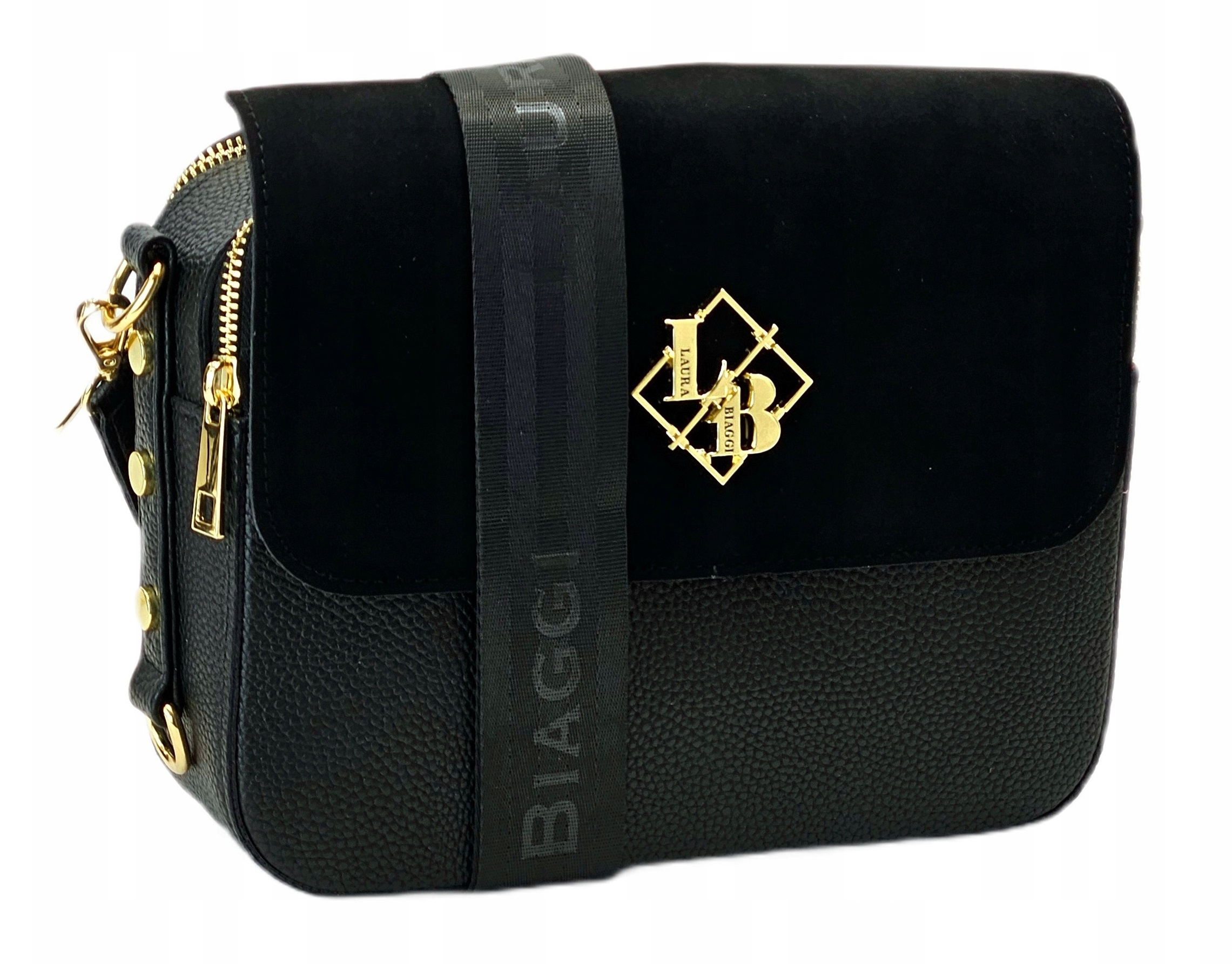 Laura Biaggi Listonoszka Damska Torebka Na Ramię Pasek Logo Zamsz Czarna