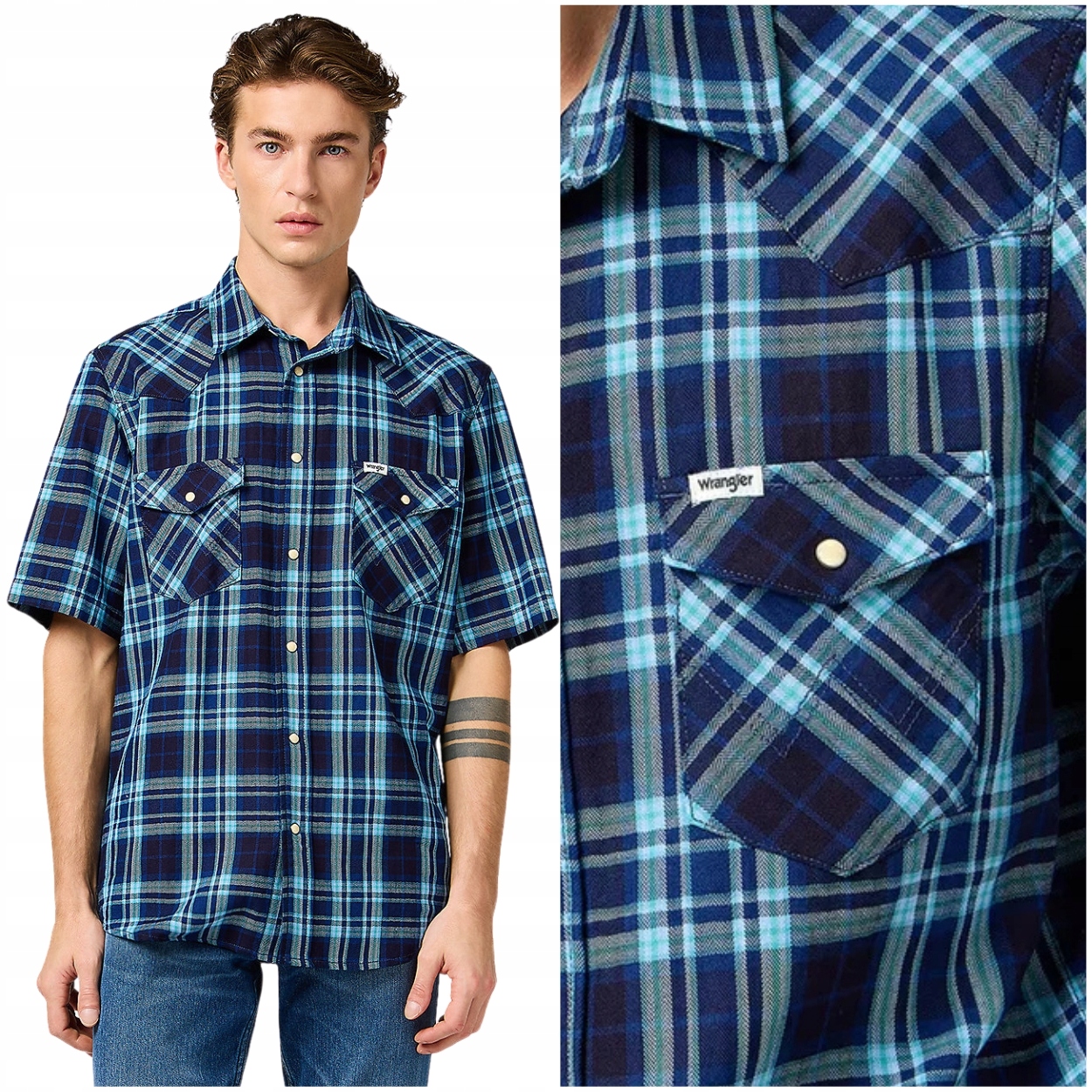 Wrangler Ss Western Shirt Latigo Indigo bavlněná košile s krátkým rukávem, velikost L