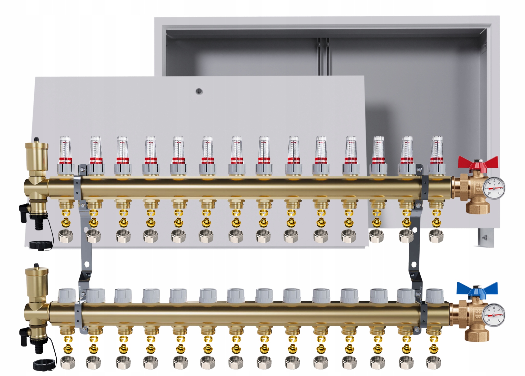 Rozdělovač podlahy 14 okruhů kulové ventily teploměr krabička Pex