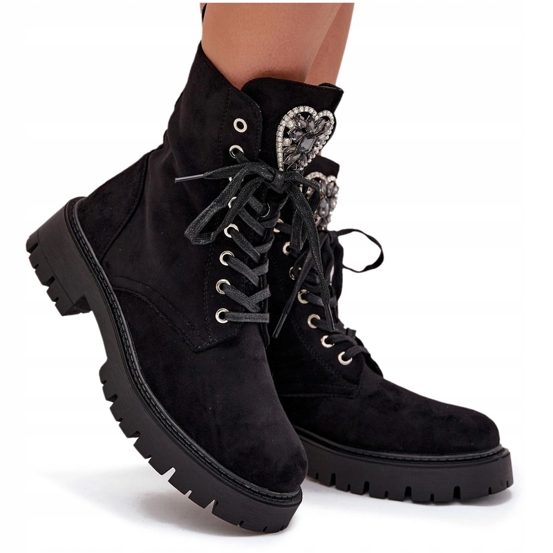 Kotníkové Boty Workery Eko Semišové Zateplené Bižuterní Ozdoba Zámek Černé 38