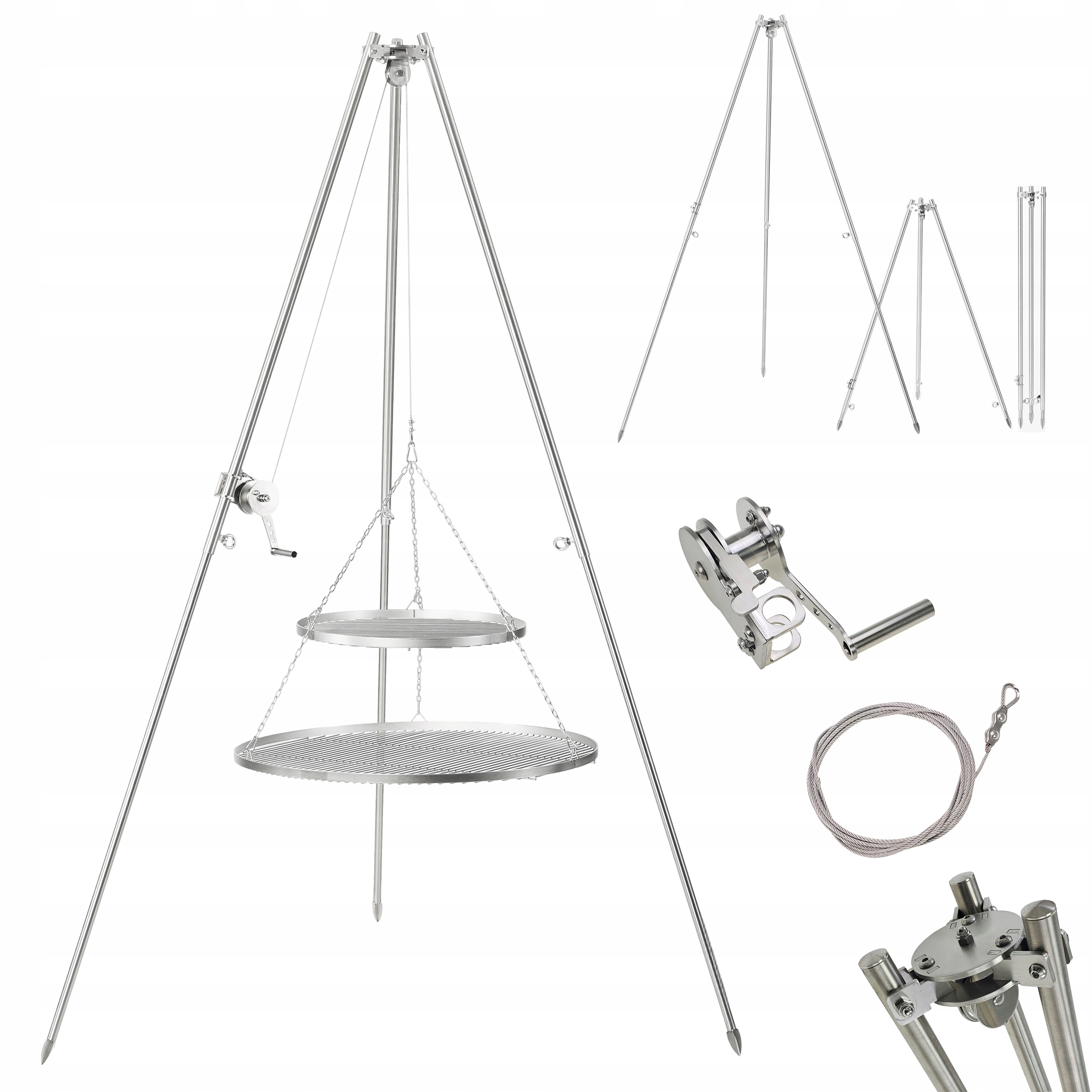 Grill ogrodowy trójnóg nierdzewny duży zestaw +2 ruszty 80 i 50cm Premium