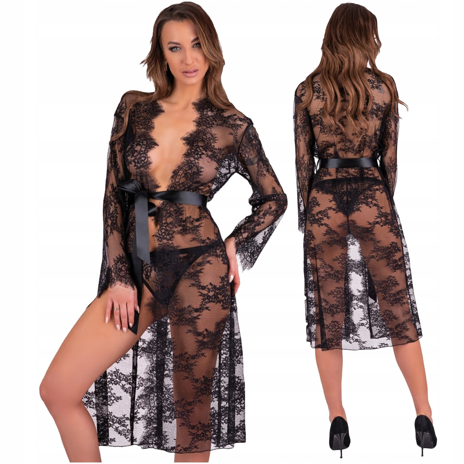 Dámský černý krajkový dlouhý župan Mostina LivCo Corsetti L/XL