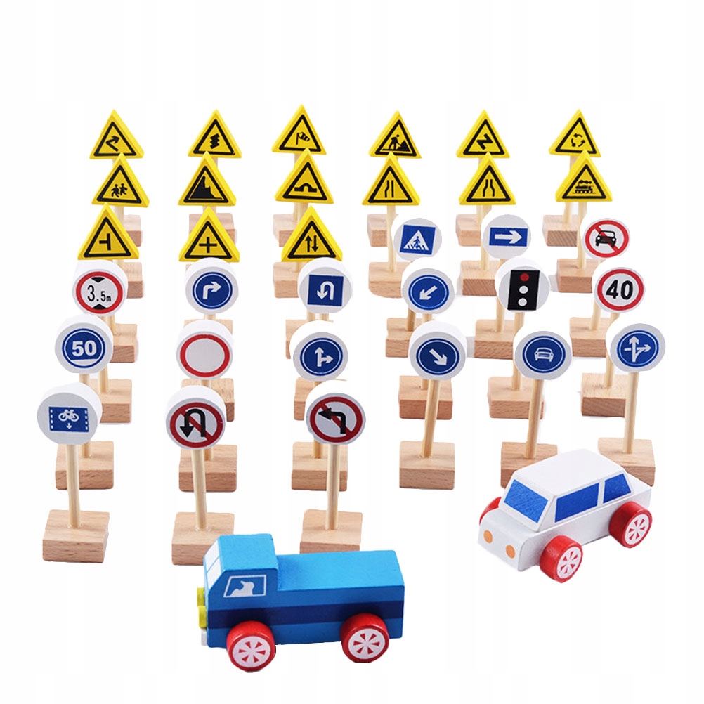 ZESTAW 35 SZT. DREWNIANYCH ZNAKÓW ULICZNYCH ZNAKÓW DROGOWYCH