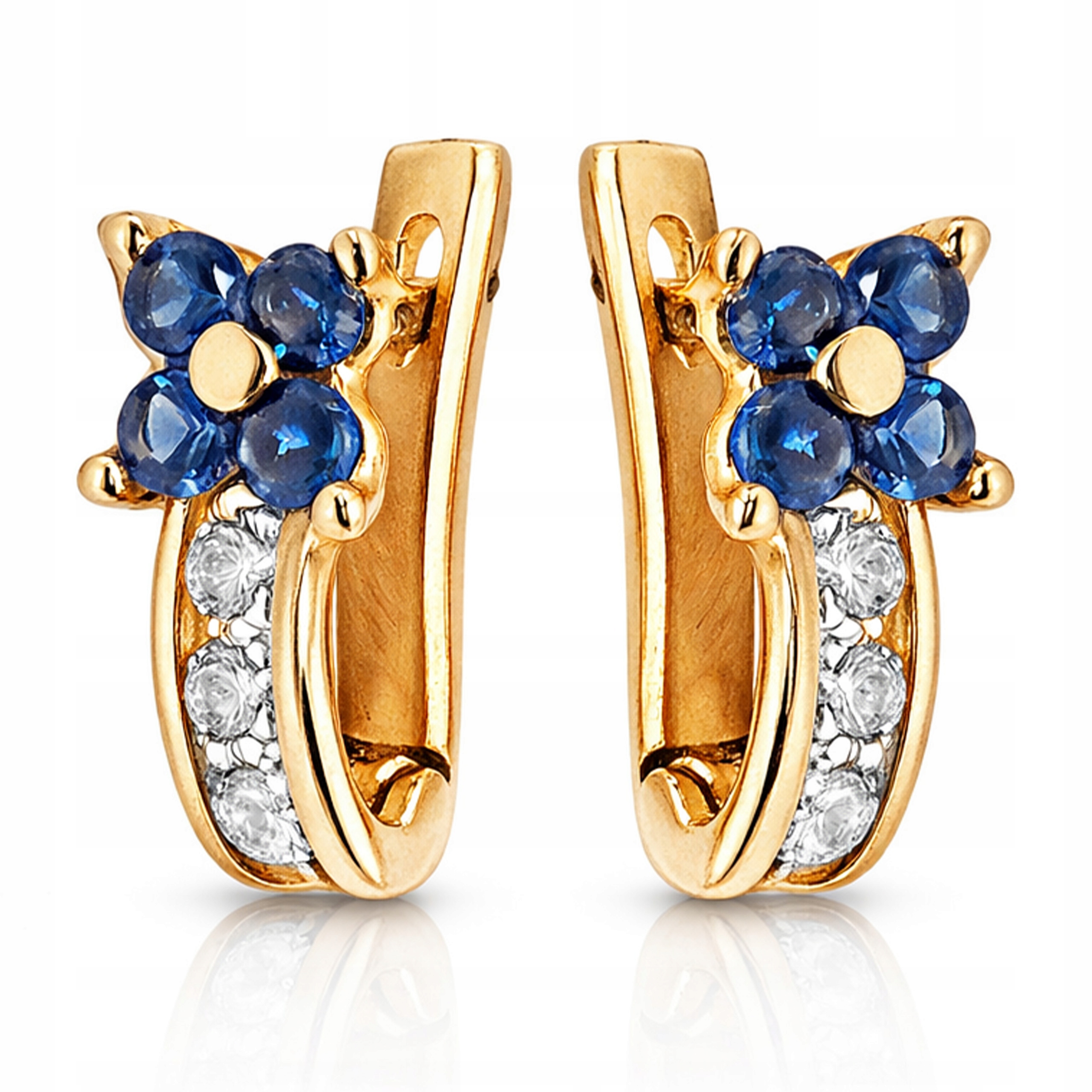 Zlaté náušnice 585 kytička s modrými zirkony anglické zapínání 14k