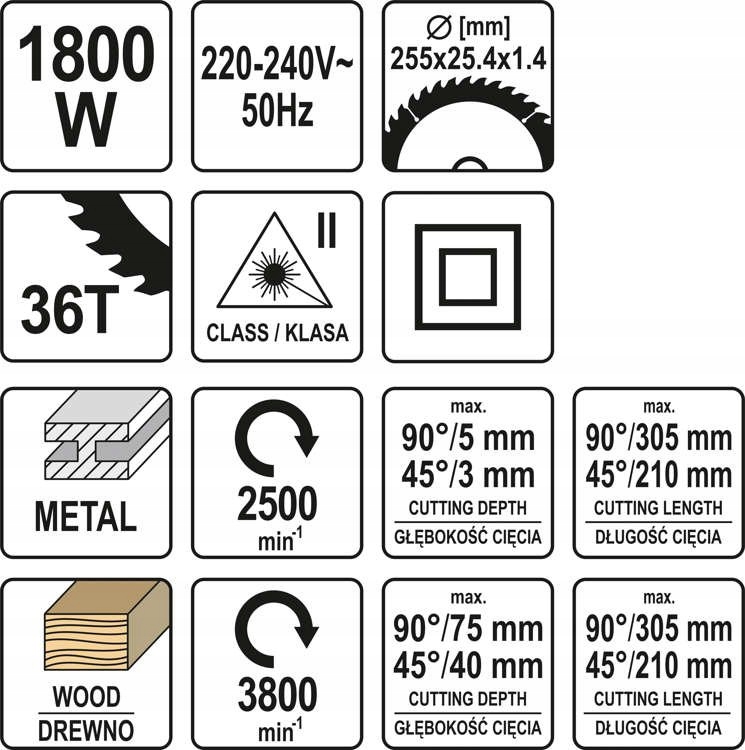 YATO PIŁA UKOSOWA KAPÓWKA UKOŚNICA DO DREWNA STALI 255MM 1800W 2 BIEGI Średnica otworu piły 25.4 mm
