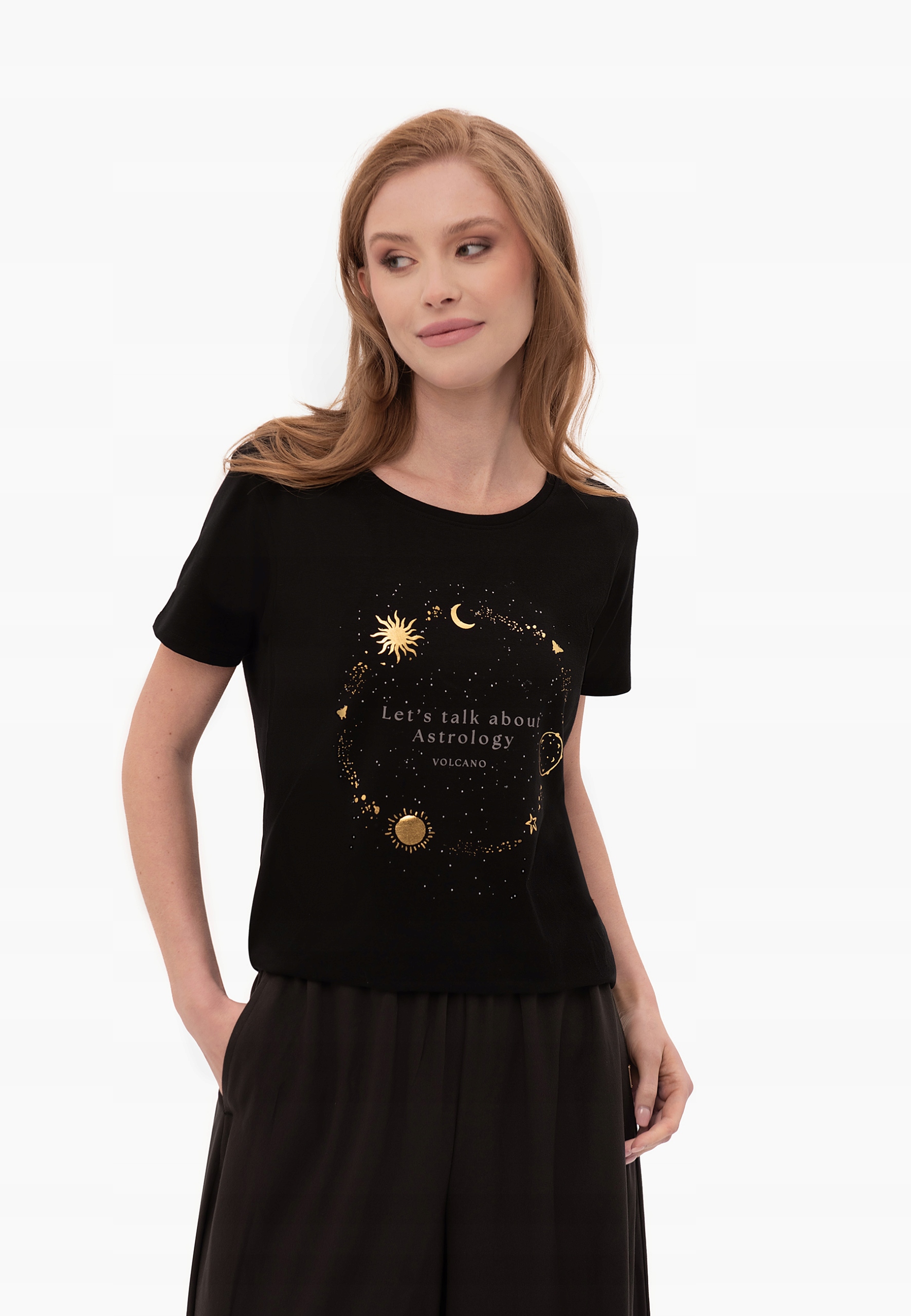 DAMSKA KOSZULKA BAWEŁNIANA Z NADRUKIEM CZARNA VOLCANO T-ASTRO L