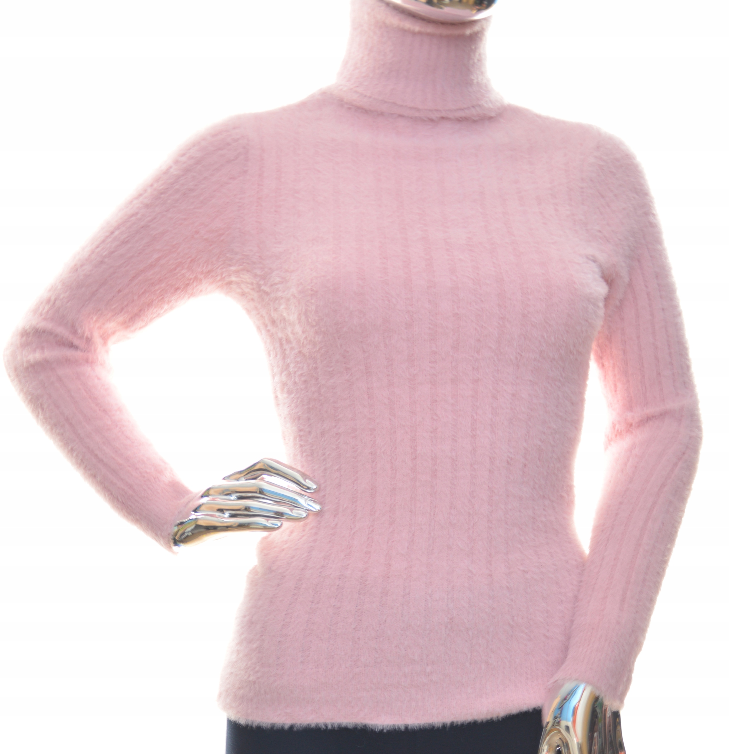 

Damski sweter typu alpaka golf w prążek Uni różowy