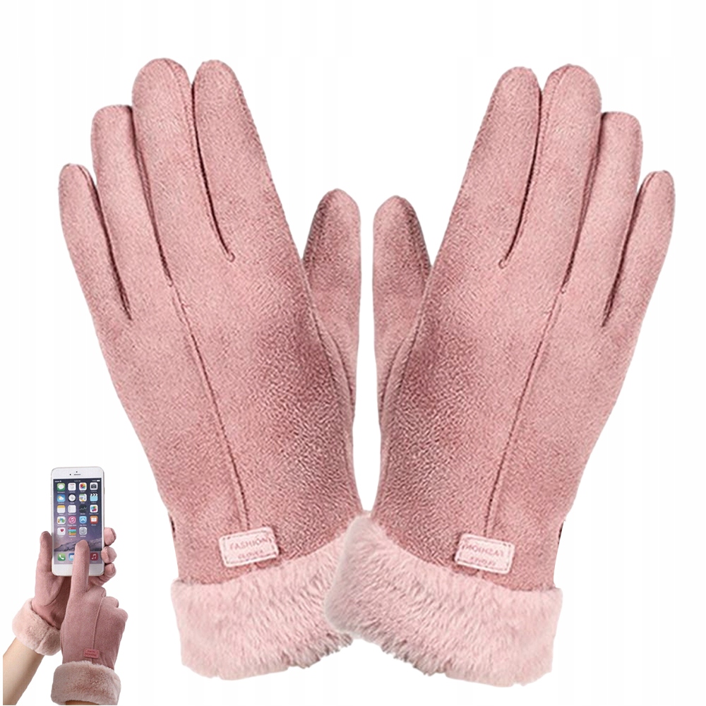 CIEPŁE RĘKAWICZKI DOTYKOWE DAMSKIE OCIEPLANE FUTERKIEM ZIMOWE DO SMARFONA