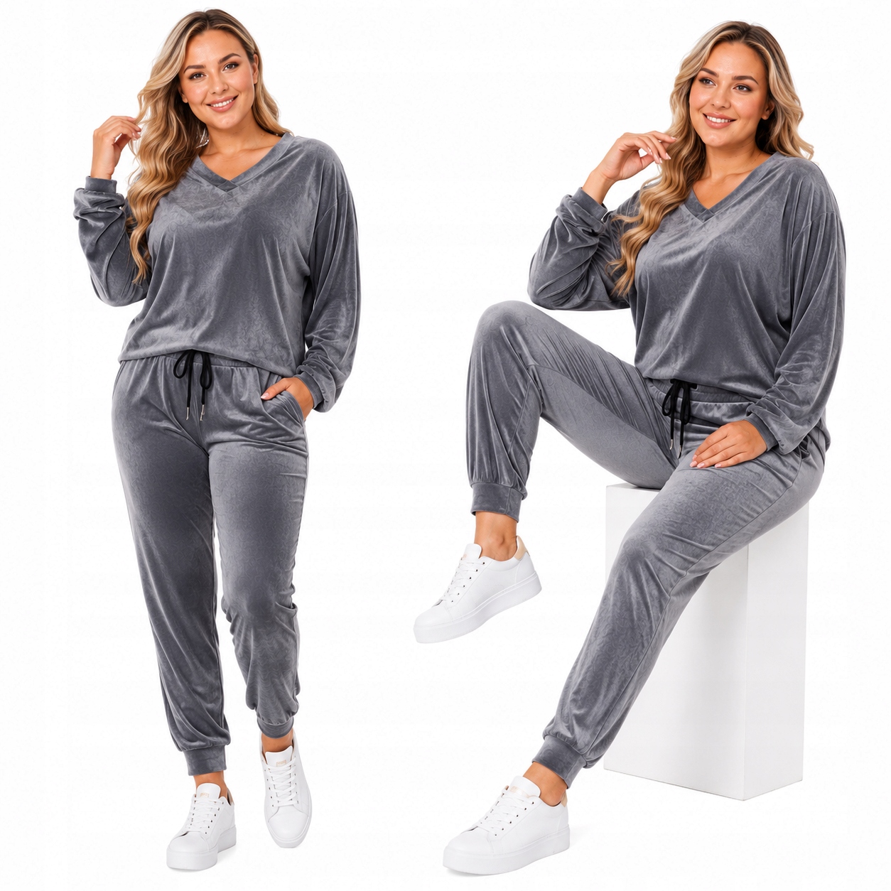 Dámský velurový komplet Teplákovka Stahovací pásky Měkký přes hlavu 46 48 3XL 4XL