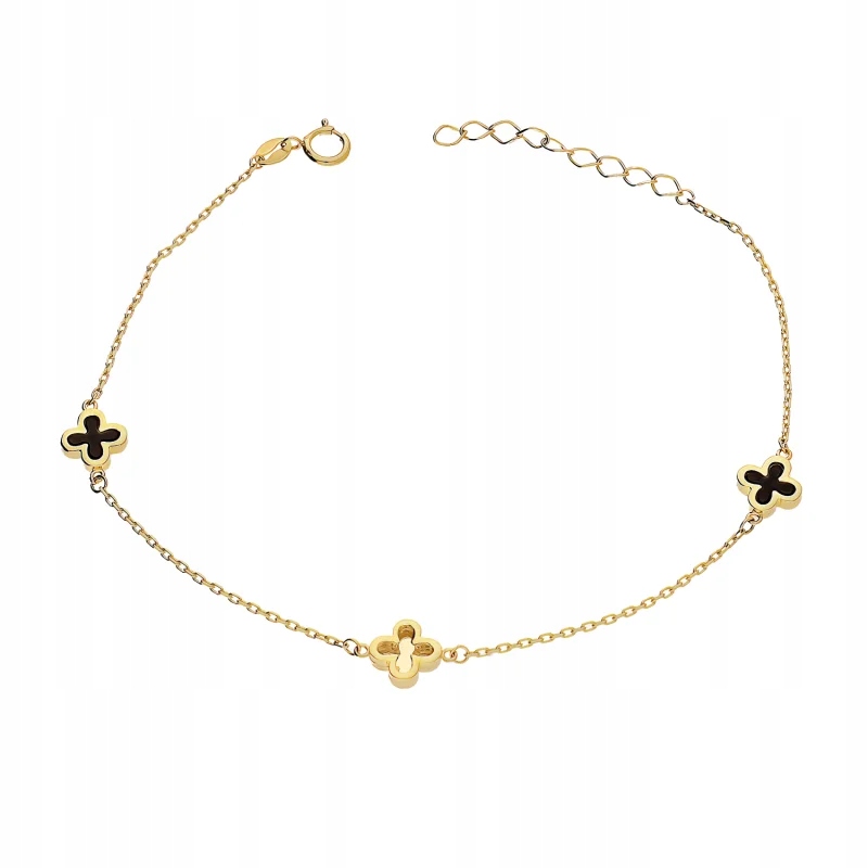 Zlatý náramek 585 Květiny s černým smaltem vzor Rolo řetízkový pro ni