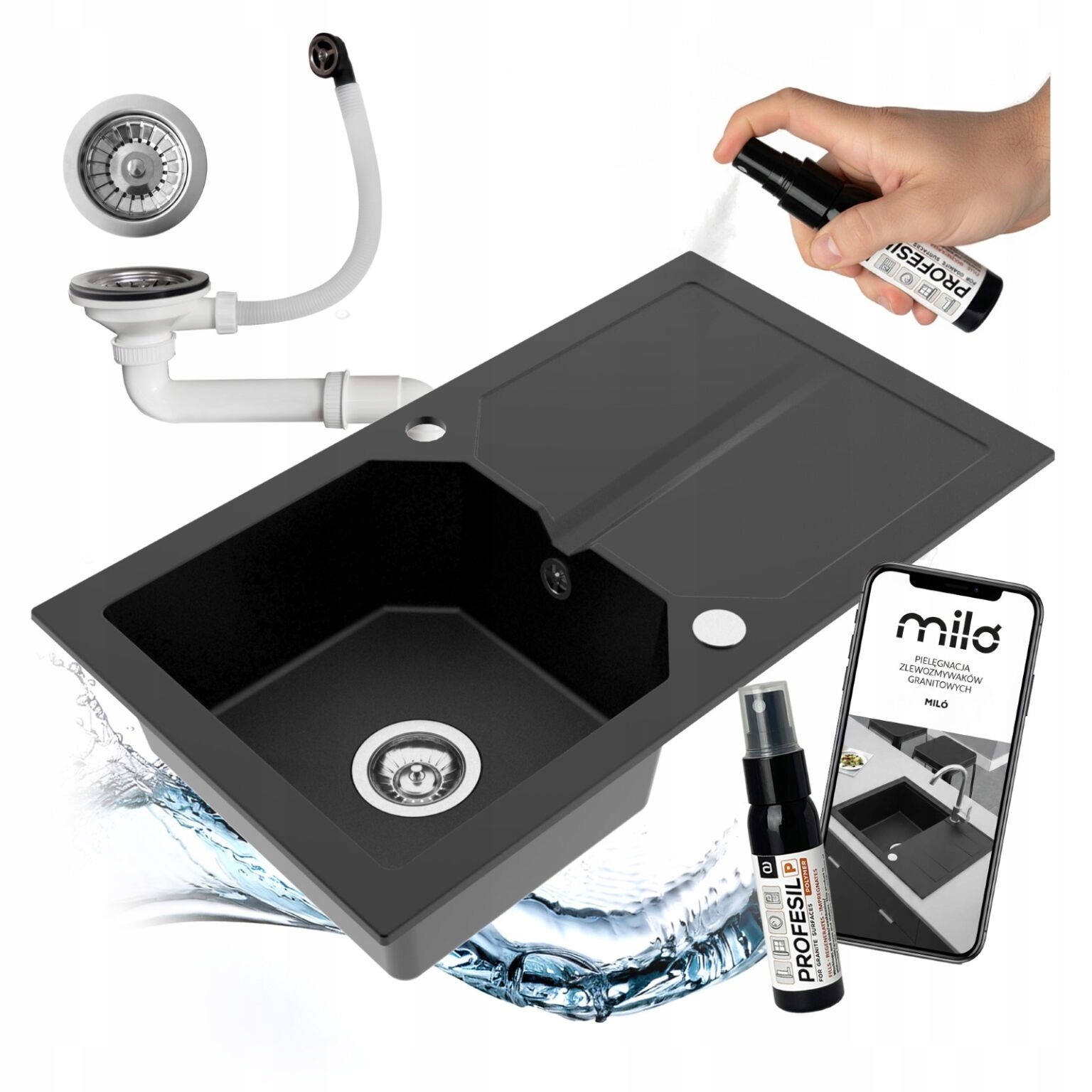 Granitový Drez Jednokomorový Miló Kenzo, Sada Sifónov, Dlhý Odkapávač