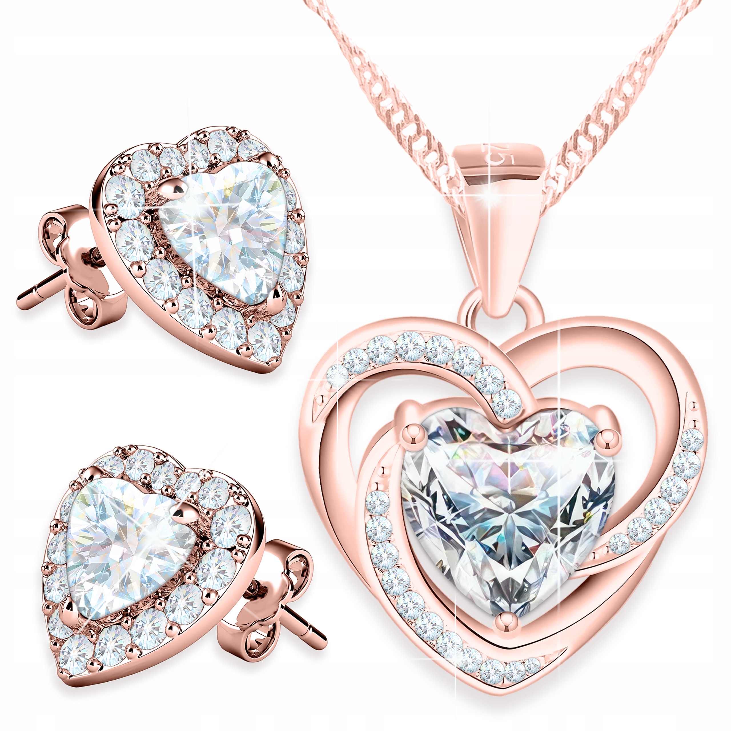 Pozlacený set náhrdelníku a Náušnice Bílé křišťálové srdce Stříbro 925
