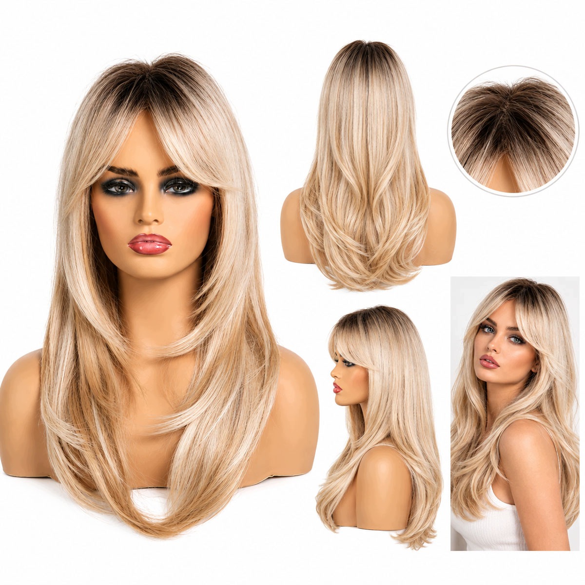 Syntetická Paruka, Blond Vlasy S Tmavými Kořínky, Dlouhá 66 CM S Ofinou