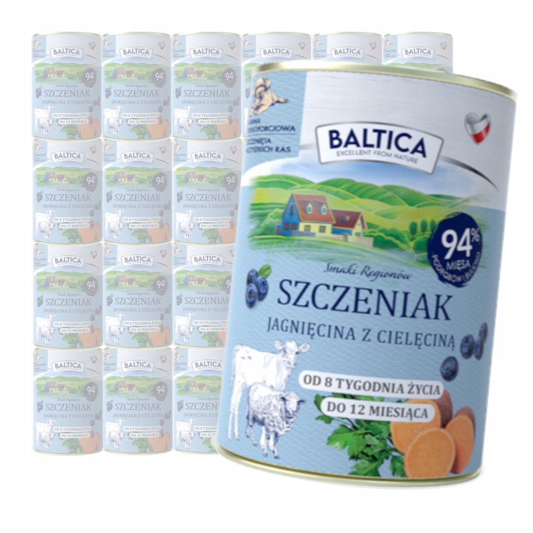 Levně Baltica Jehněčí s telecím masem 24x400 g Bezobilné Vlhké Krmivo pro štěňata