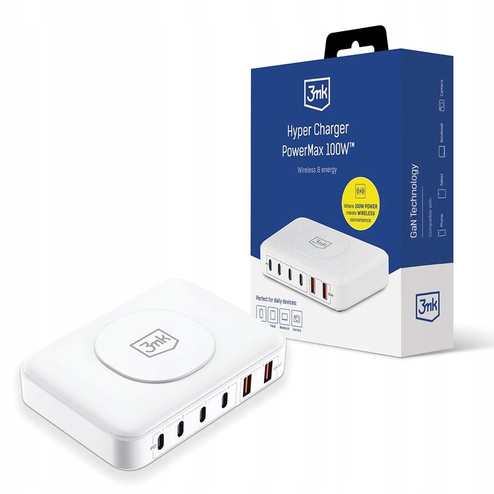 Stolní nabíječka 3mk PowerMax 100W bezdrátová 4x Usb-c 2x Usb-a bílá