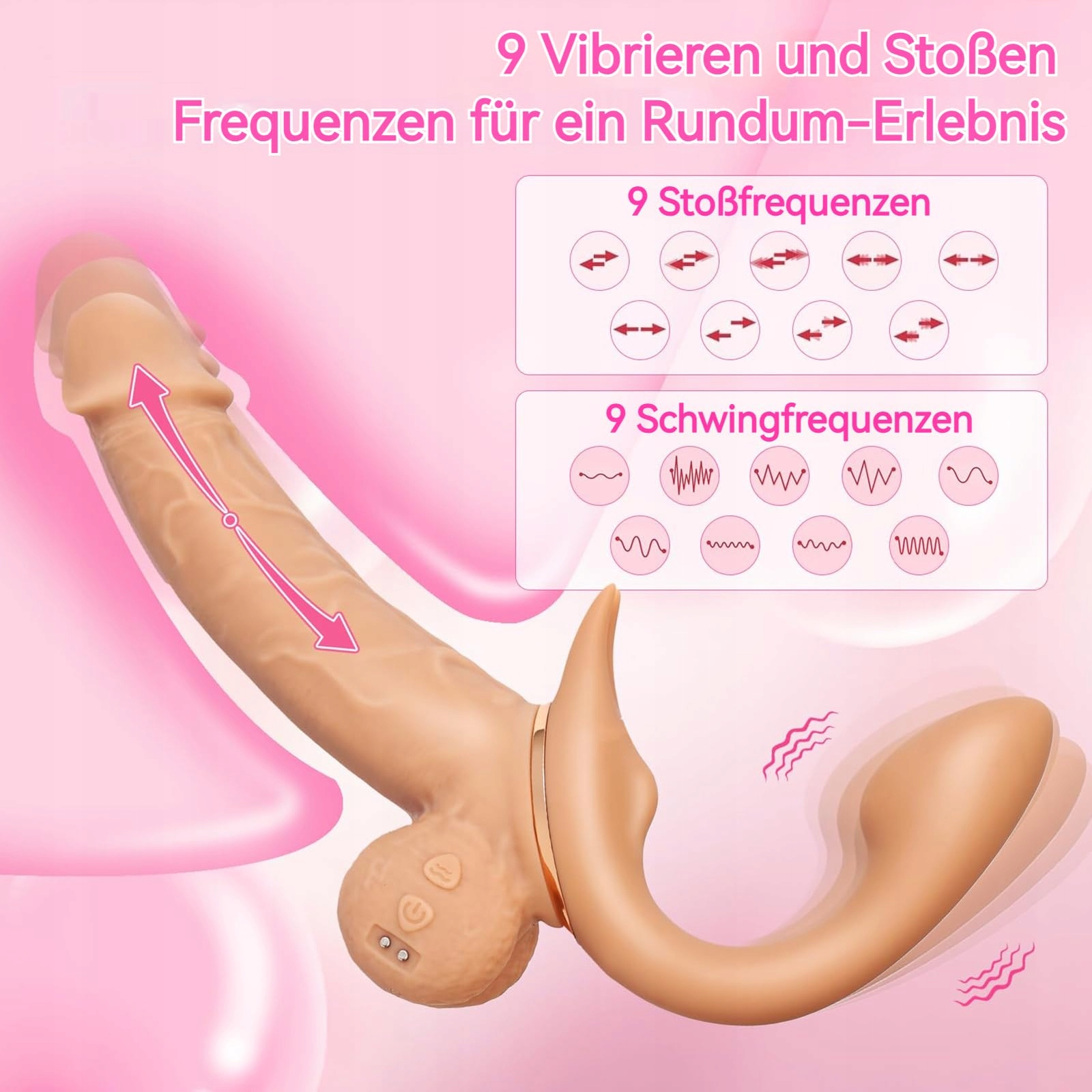 STRAPON Realistyczny Podwójny Dildo Dla Kobiet 9 Trybów Wibracji i Pchnięć — miniatura 3
