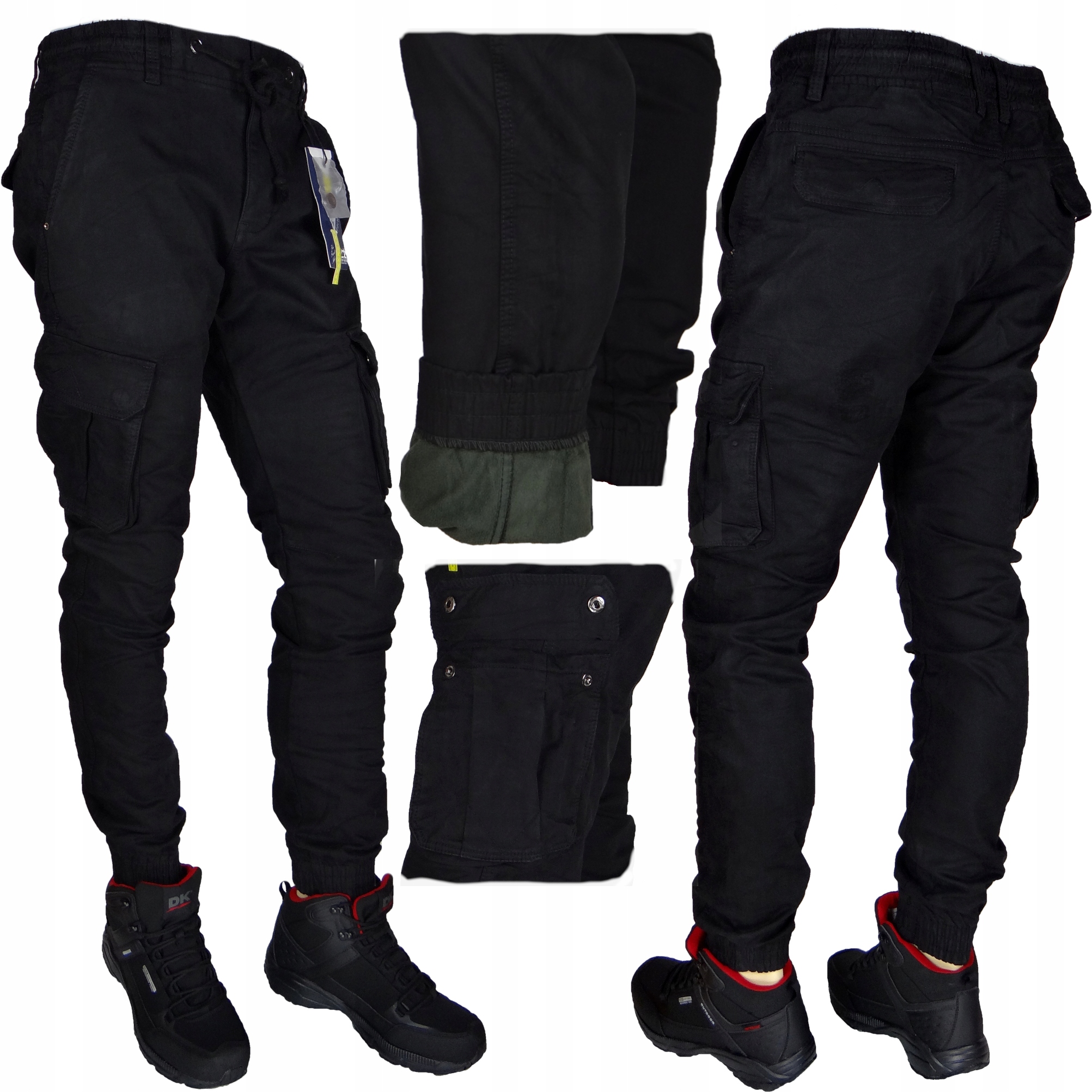 Spodnie Joggery Czarne Męskie Ocieplane R40 Cargo Stretch Bojówki Rozmiary