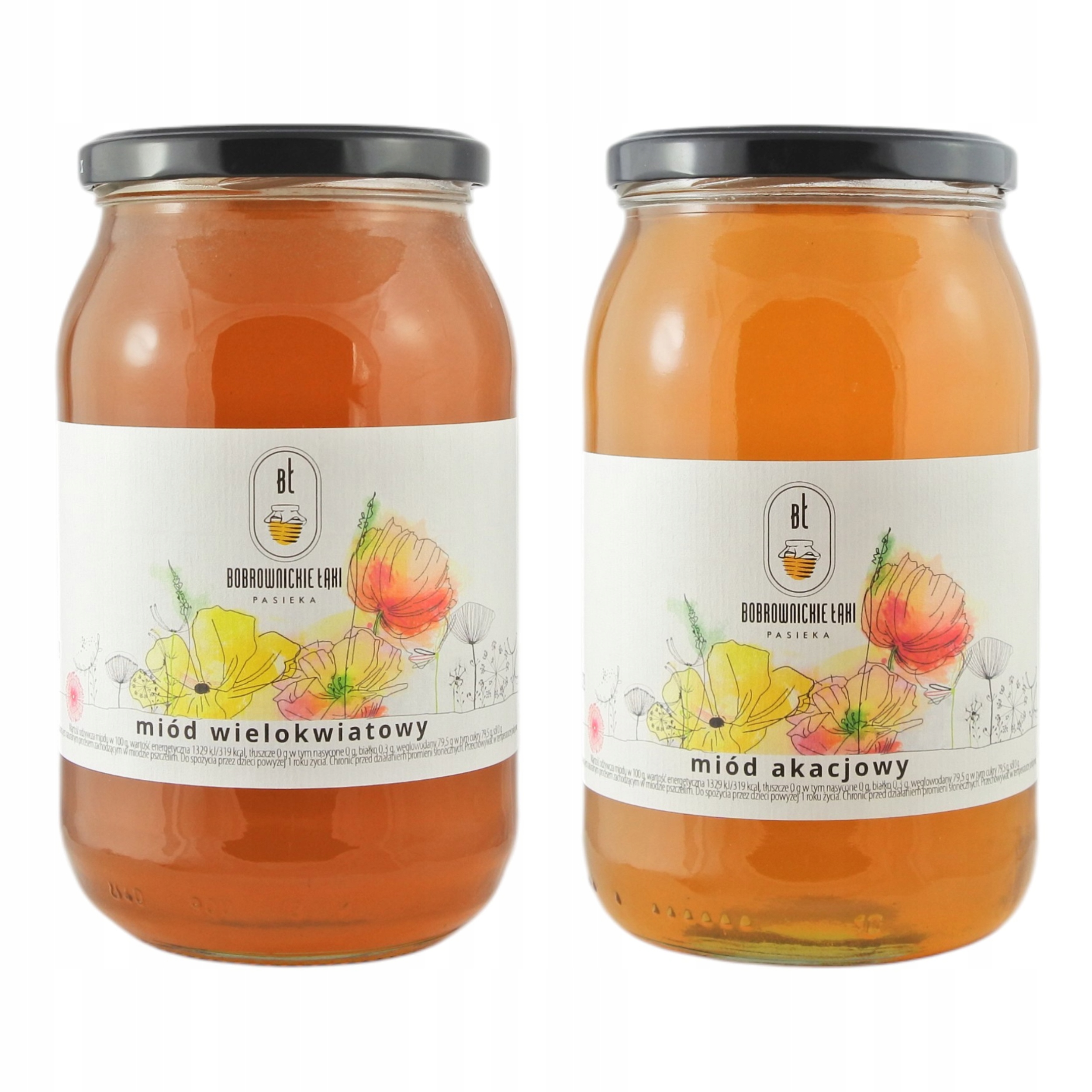 Zestaw 2 Miody Polskie 1,2 kg Akacjowy Wielokwiatowy Bobrownickie Łąki