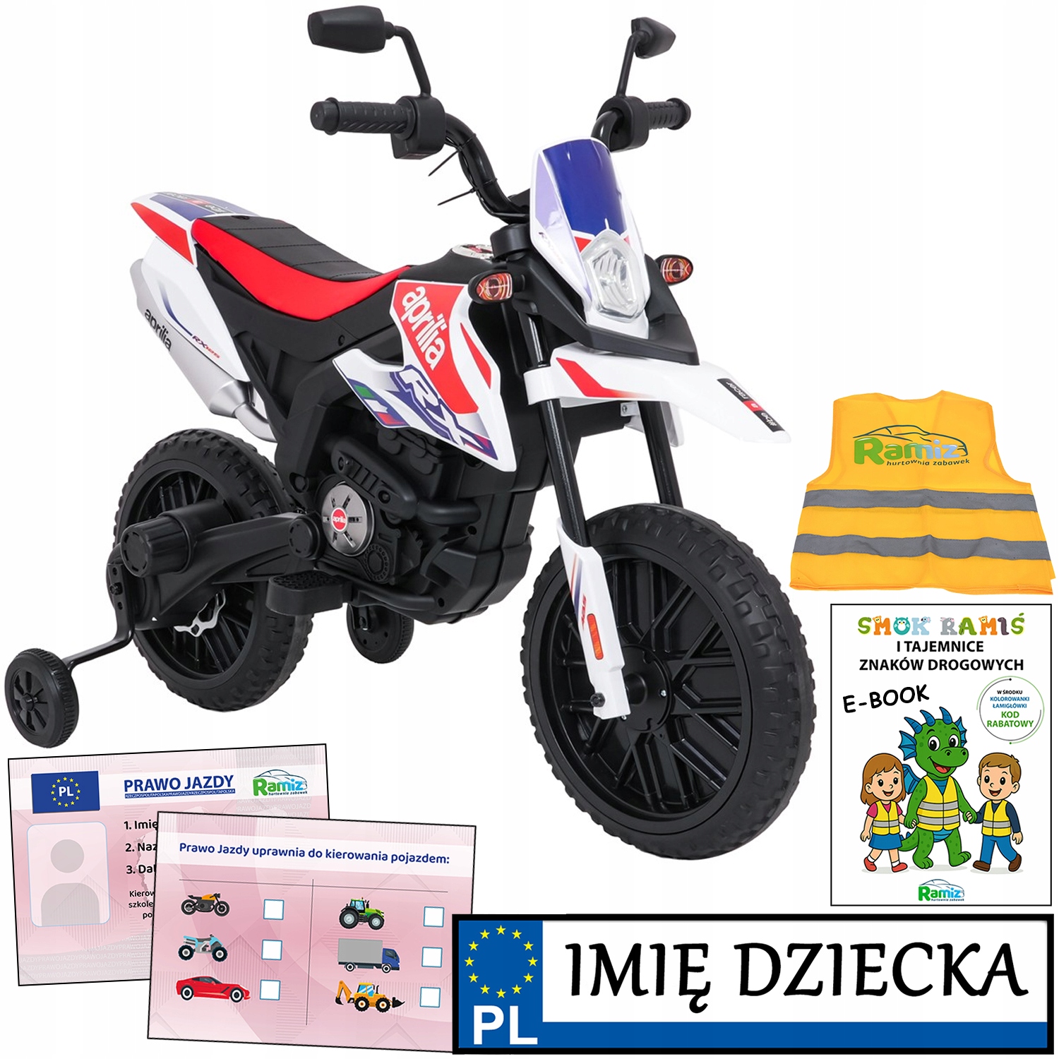 motor dla dzieci na akumulator Aprilia Rx boczne kółka Rejestracja Imienna