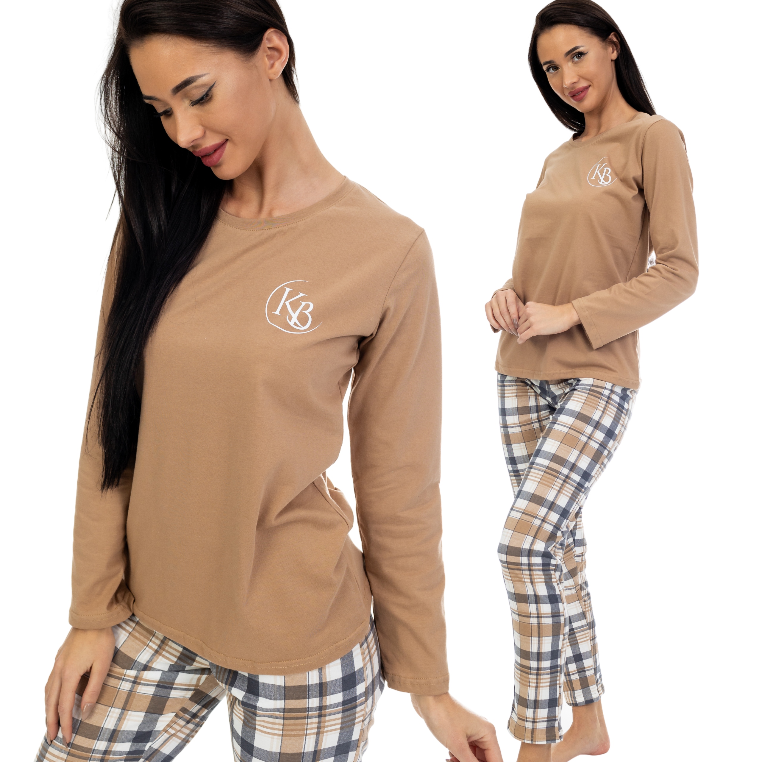 Dámské Pyžamo Béžové Rodinná Sada Dlouhý Rukáv Dlouhé Kalhoty Kostka Béžová S