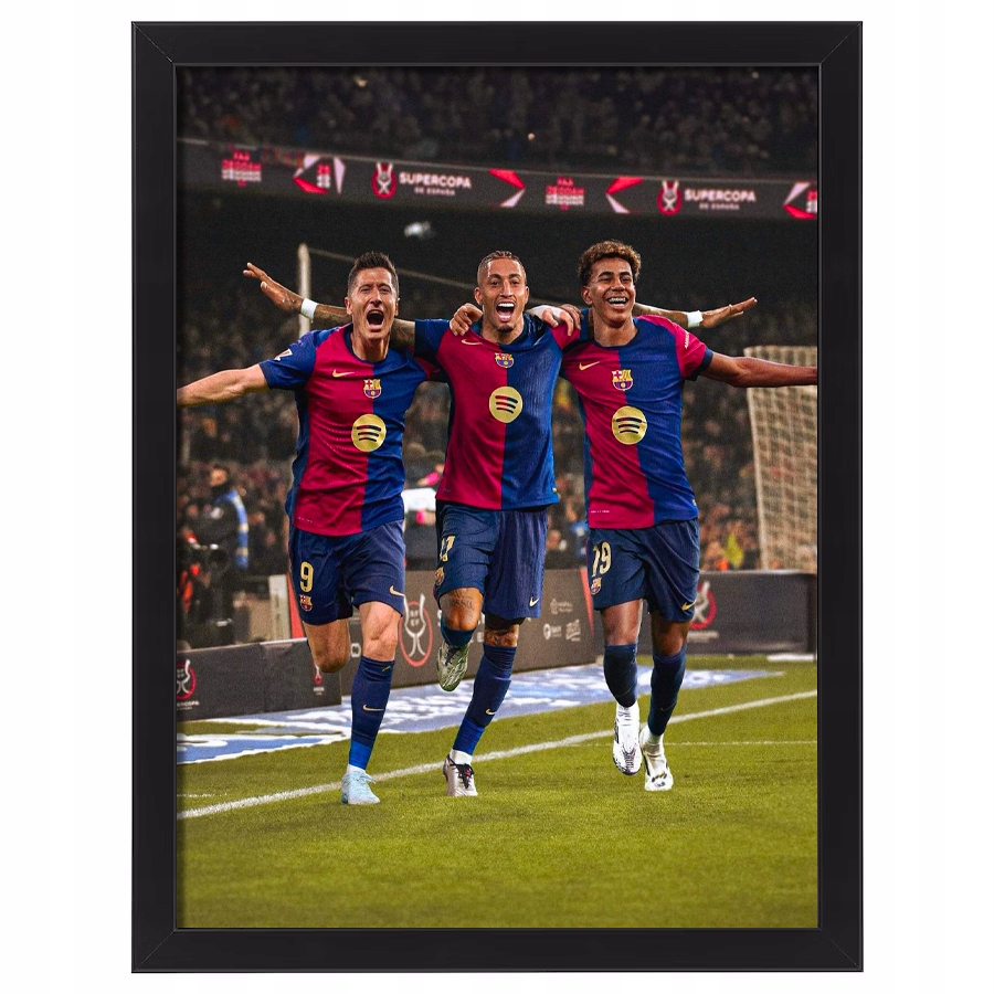Obraz w ramce Fc Barcelona Lamine Yamal Lewandowski Raphinha 70x50 cm