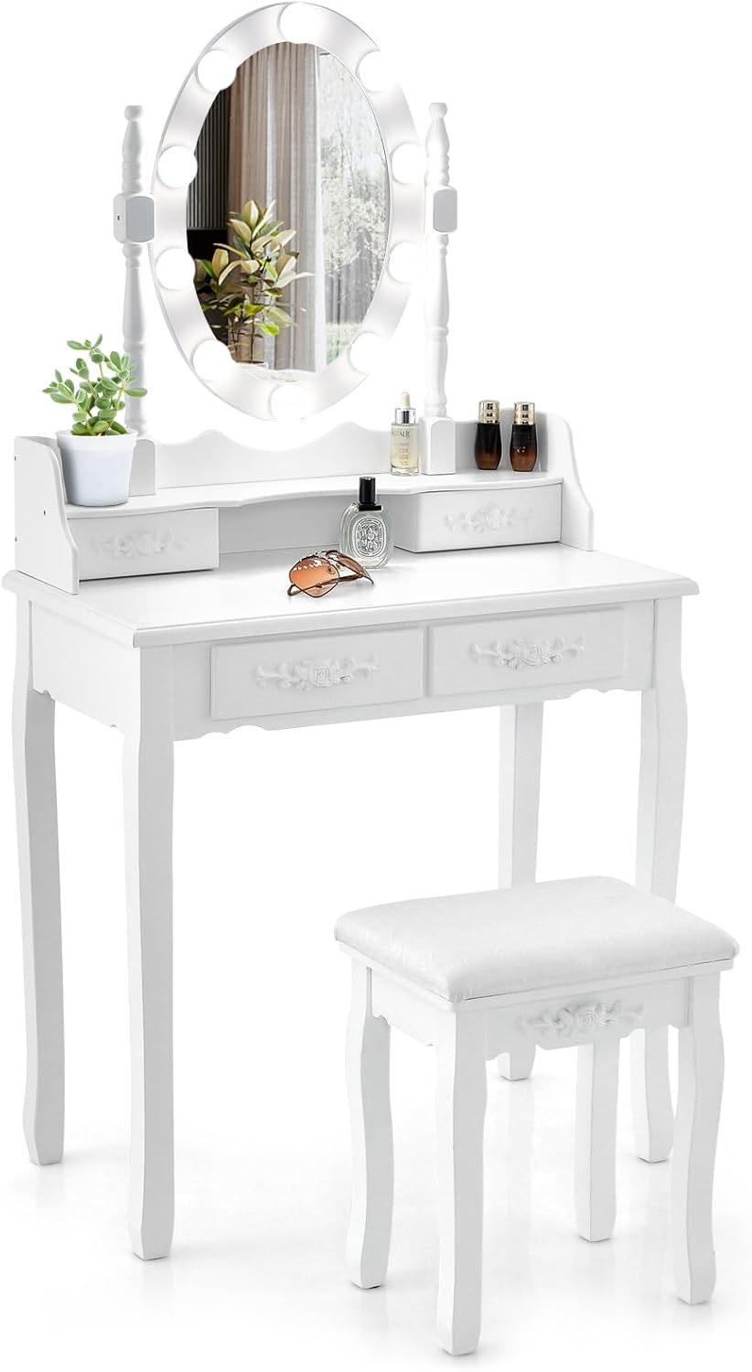 Toaletní Stolek S Led Osvětlením Hollywood Zrcadlo 360° 4 Zásuvky Stolička Bílá