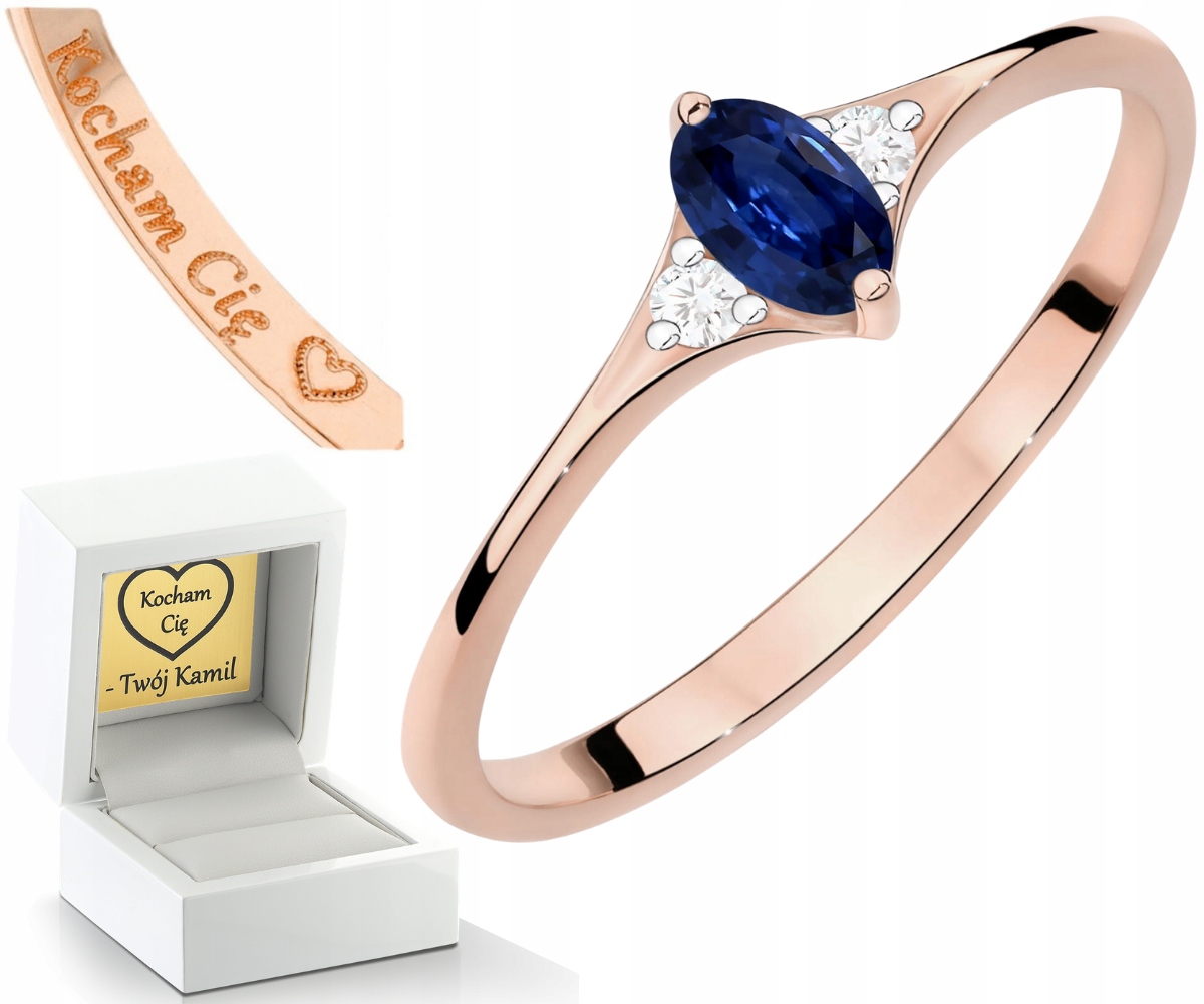 Růžové Zlato Prstýnek Se Safírem A Brilianty Zlato Gravírování Bonus 585
