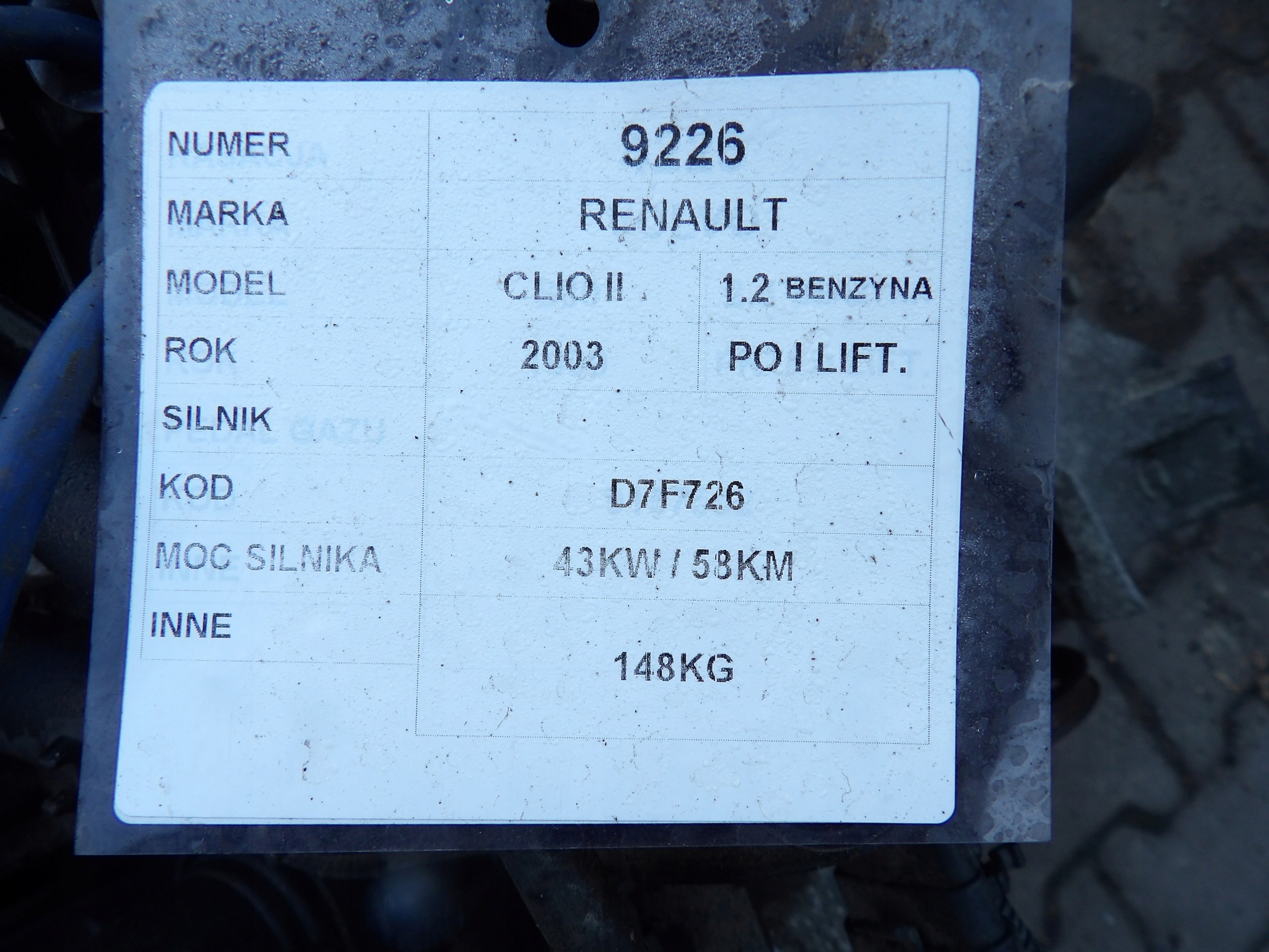 Renault Clio II 1,2 engine D7F726
