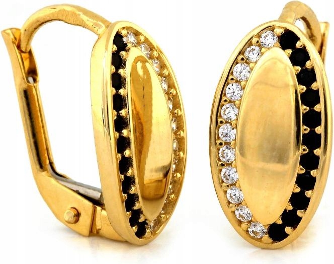 Zlaté náušnice 585, oválné plechy se zirkony, pohodlné anglické zapínání