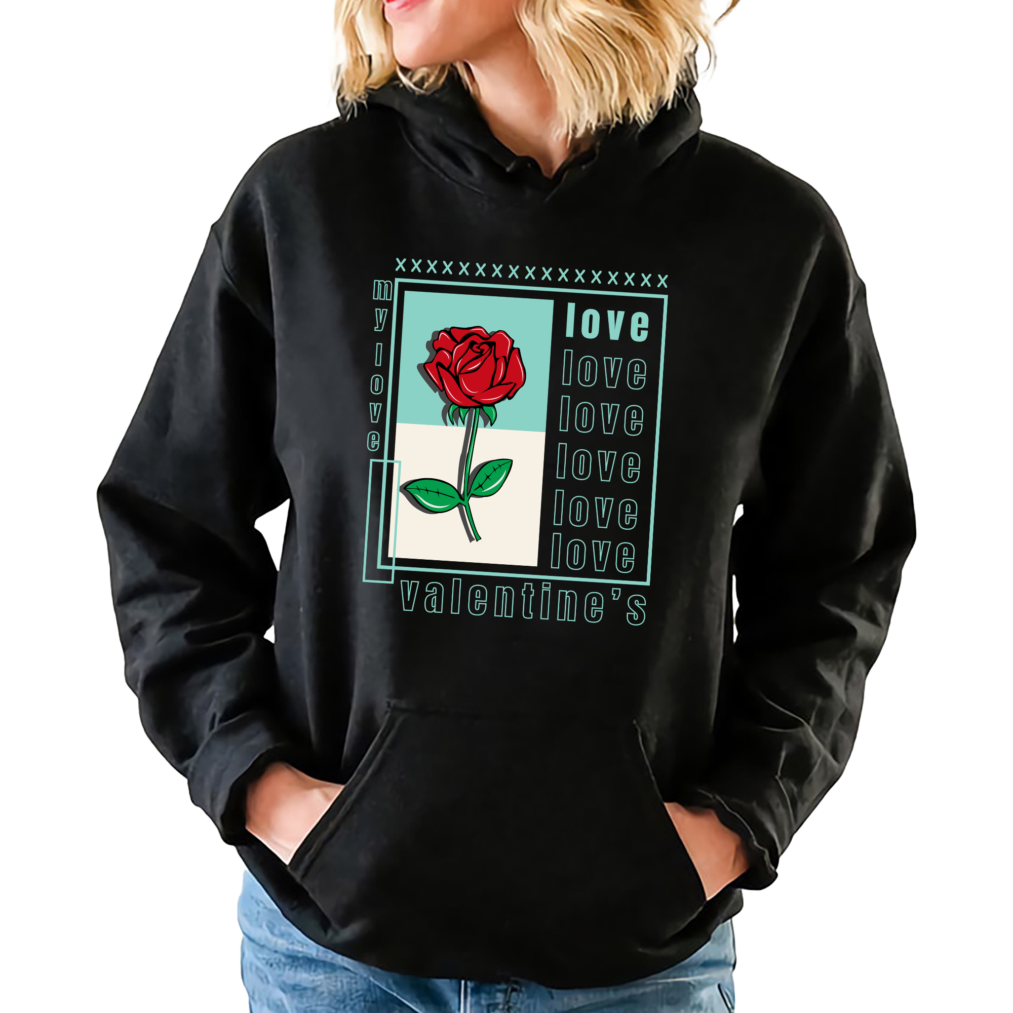 Mikina S Kapucí Černá Love Valentine Dárek Moda Streetwear Vel M