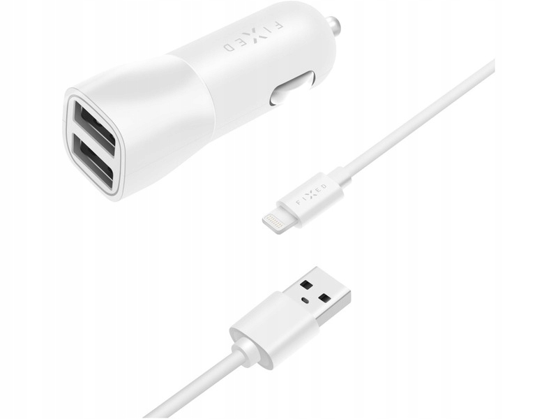 Zestaw Ładowarki Samochodowej Fixed Z Wyjściem 2Xusb I Kablem Usb / Lightning, 1 Metr, Mfi, 15W Smart Rapid Charge Fixcc15-2Ul-Wh, Biały