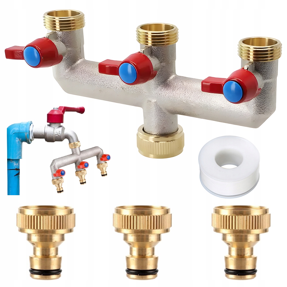 3-Drożny Rozdzielacz Kran Mosiężny Z Zaworem Ogrodowy 3/4" Gwint Mosiądz