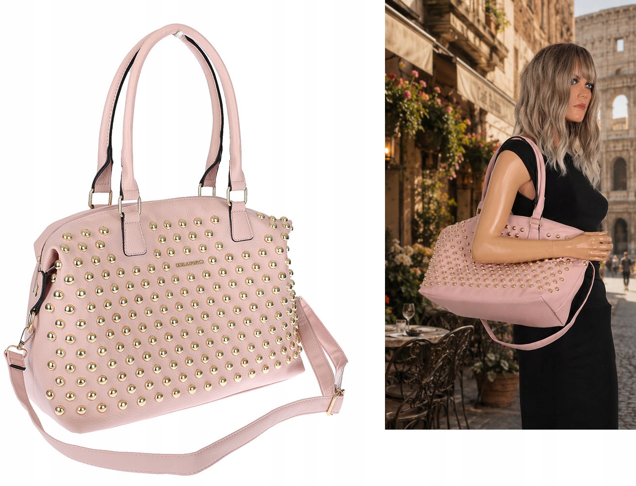 Dámská kabelka kufřík kabelka přes rameno A4 shopper s nýty módní CH25 Růžová