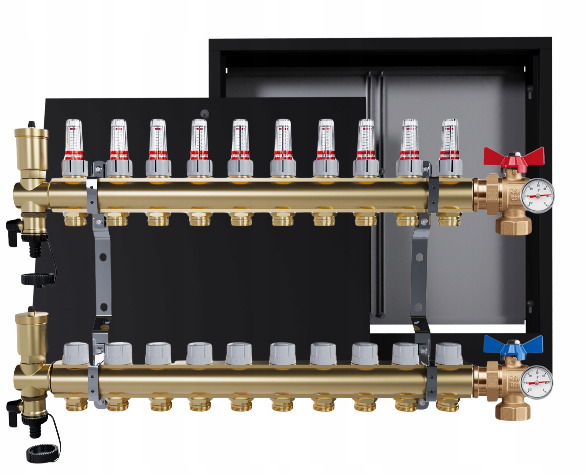 Rozdělovač Pro Podlahovku 10 Okruhů Ventily Nástěnná Skříňka Černá