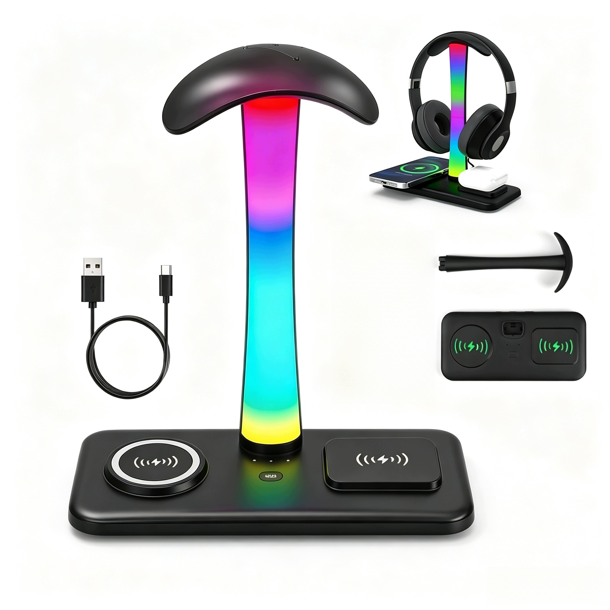 Stojan Na Sluchátka Hold Rgb podsvícení Hub 3x Usb Typ-C Indukce