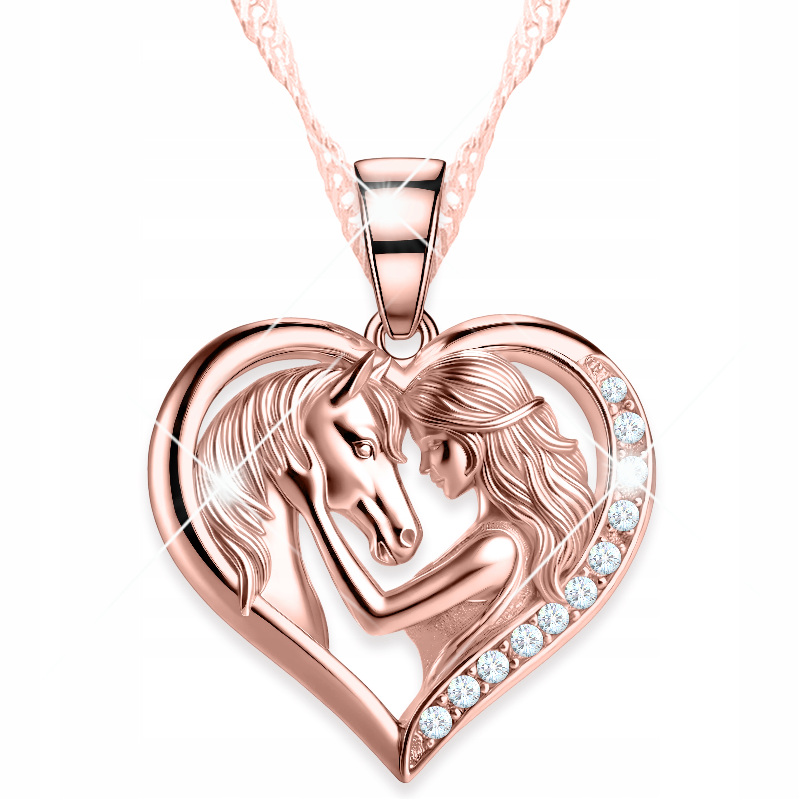 Náhrdelník Pozlacené srdce Dívka s koněm Bílé Zirkony Stříbro 925