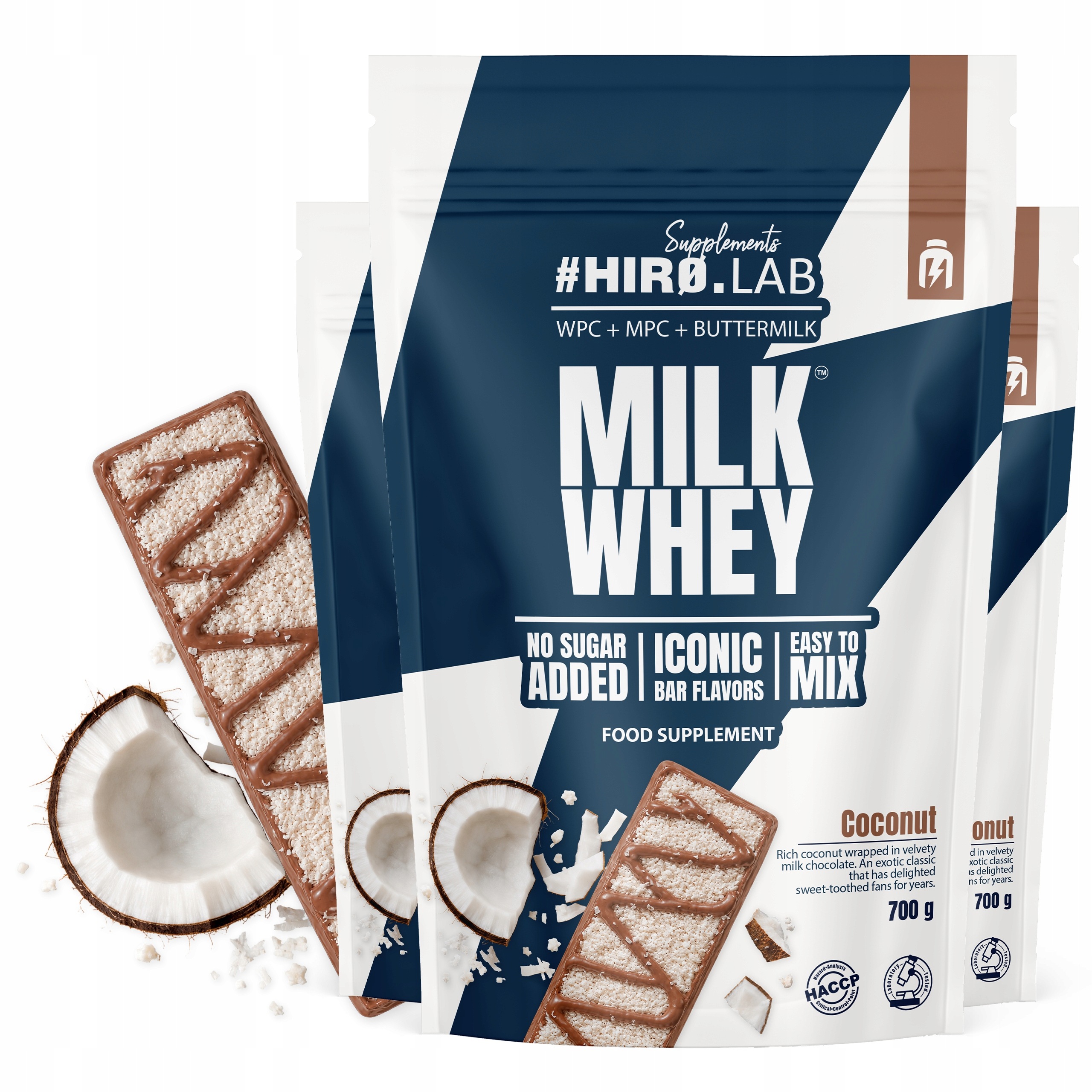 3x Proteinová směs Milk Whey 700 g Wpc 80 Mpc Protein Kokos HiroLab