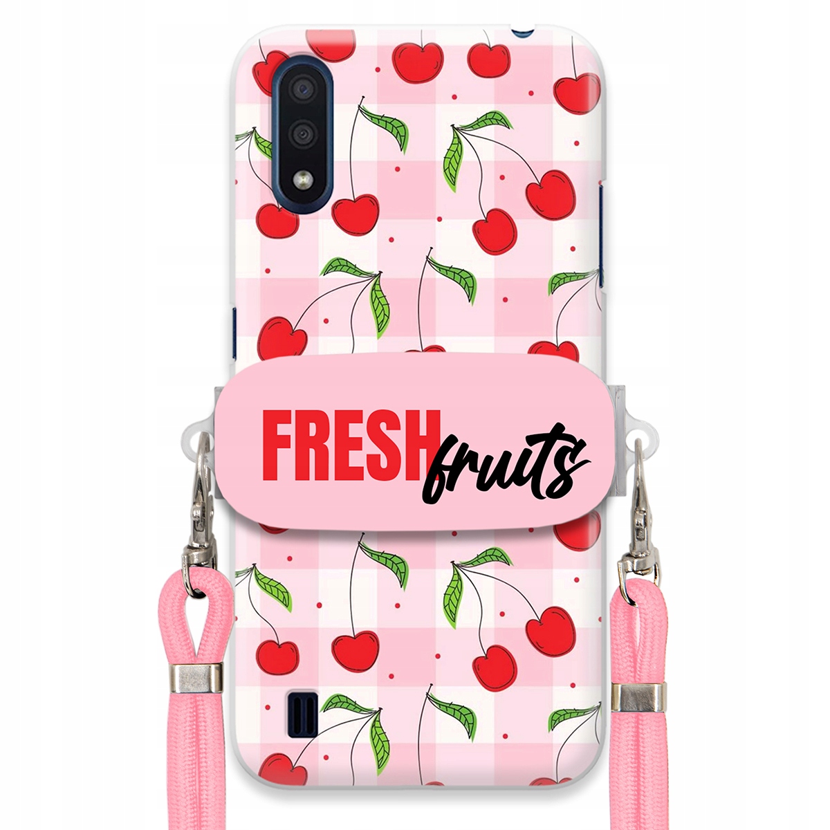 Pouzdro pro Samsung M01 Case Držák Šňůrka Růžová Fresh Fruits Mřížka Ovoce