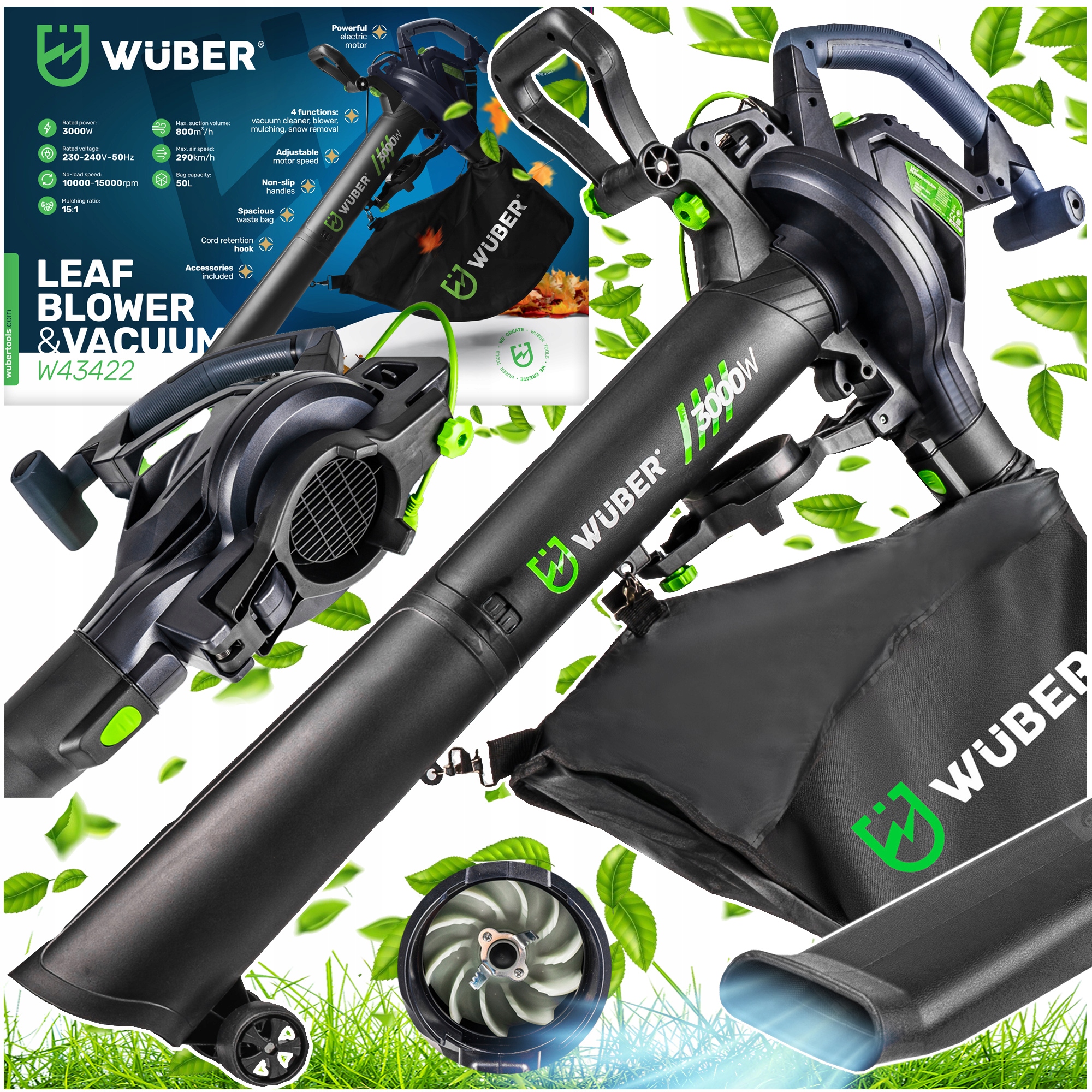 Dmuchawa Elektryczna Ogrodowa Do Liści 45L Rozdrabniacz Odkurzacz 3000W