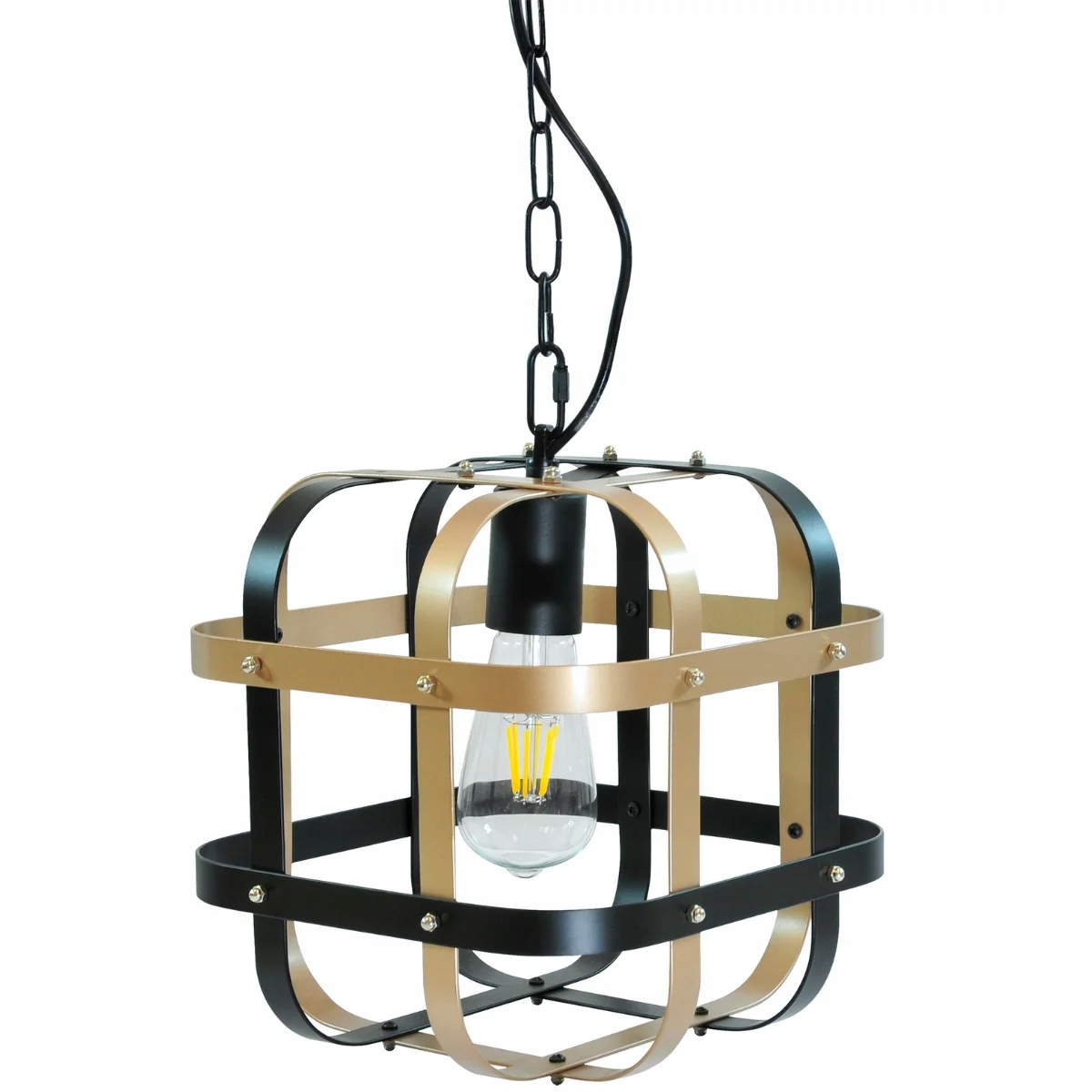 Závěsná lampa černá zlatá klec jutová šňůra retro boho na řetězu Polux