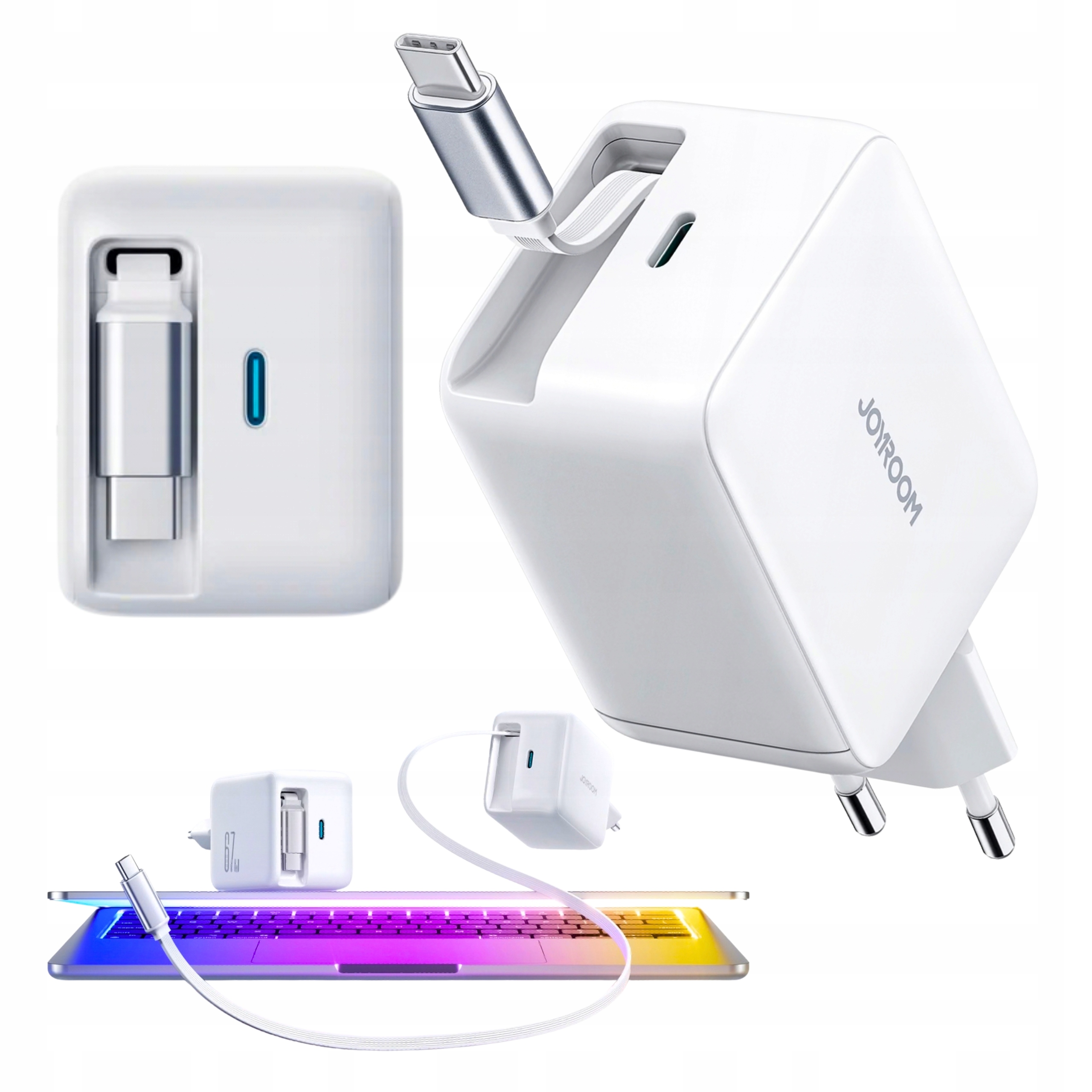 Ładowarka Usb-c Sieciowa Szybka 67W GaN Wbudowany Zwijany Kabel Usb-c 0.7m