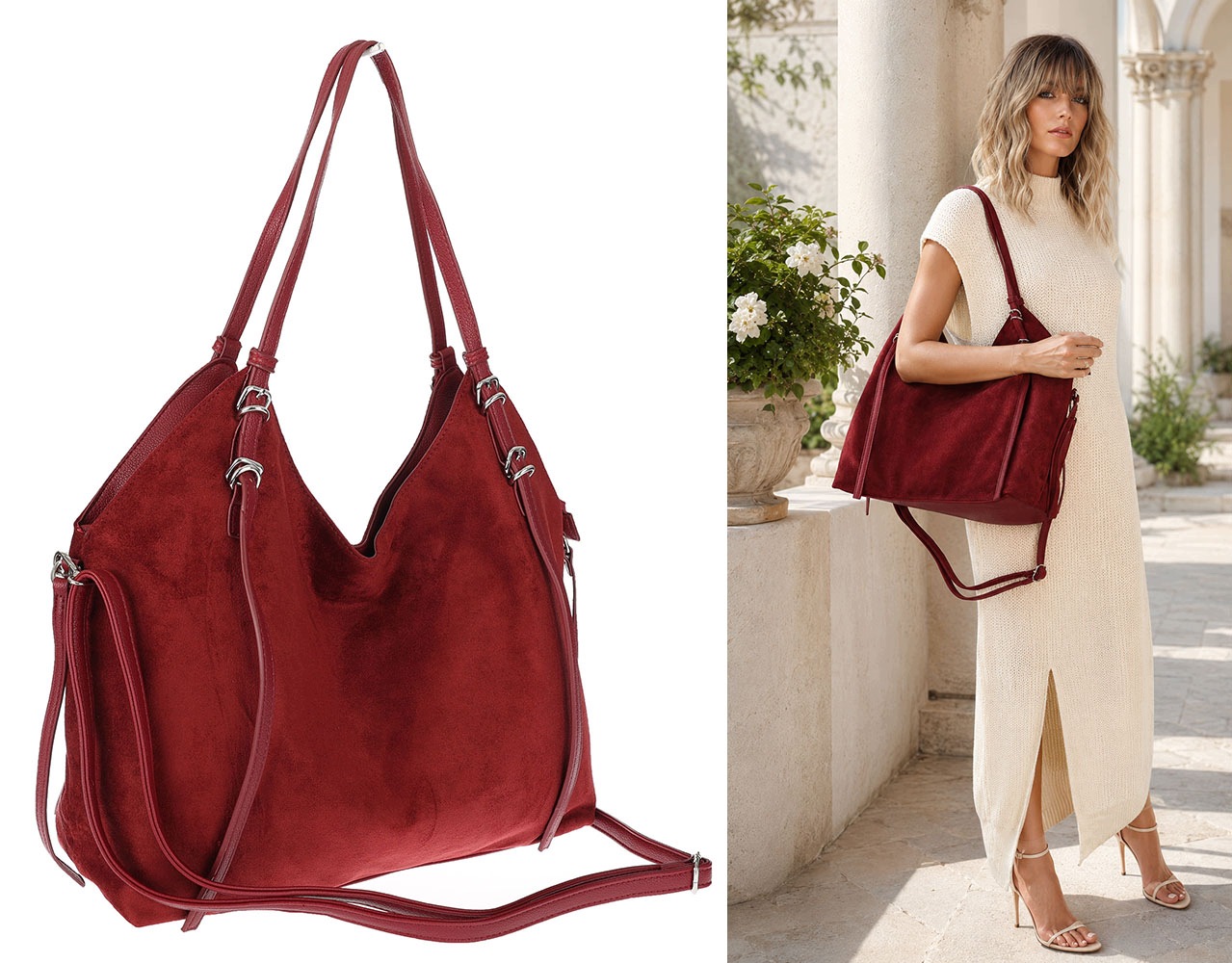 Dámská semišová kabelka shopper prostorná elegantní módní taška 638C Červená