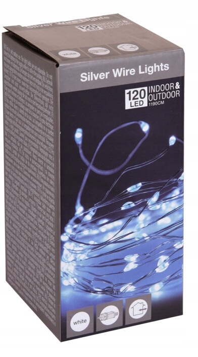

Lampki na drucie 120 Led z zasilaczem białe zimne