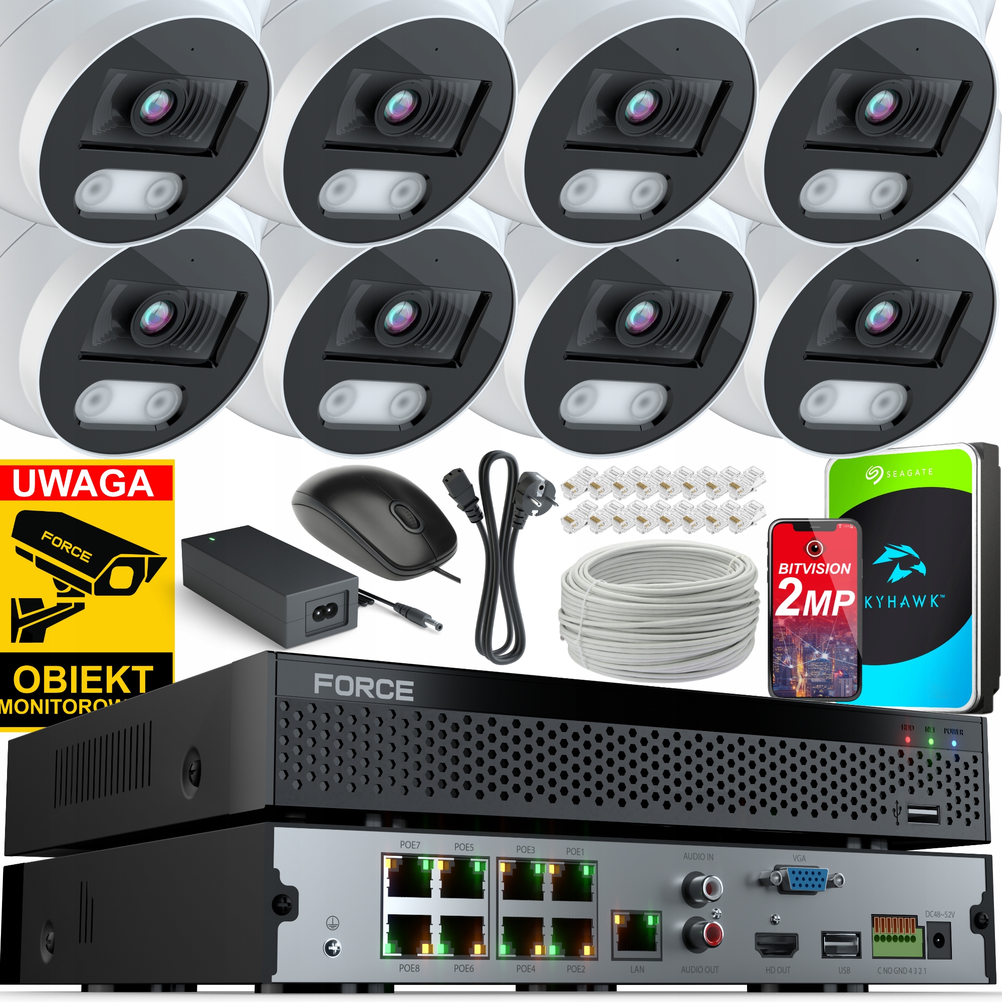 Force Monitorovací sada 8x Ip kamera 2MPx Full Hd Disk 1TB Poe Rekordér